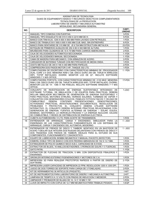 Lunes 22 de agosto de 2011

DIARIO OFICIAL

(Segunda Sección)

100

ASIGNATURA DE TECNOLOGIA
GUIAS DE EQUIPAMIENTO BASICO Y RECURSOS DIDACTICOS COMPLEMENTARIOS
TECNOLOGIAS DE LA PRODUCCION
LABORATORIO DE DISEÑO Y MECANICA AUTOMOTRIZ
MODALIDAD: SECUNDARIA GENERAL
NO.

DESCRIPCION

1
2
3
4
5
6
7
8
9
10
11
12
13
14

ANAQUEL TIPO COMODA CON PUERTAS.
ANAQUEL TIPO ESQUELETO DE 915 X 450 X 2210 MM DE H.
BANCO CON TINA B-24, 1200 X 600 X 950 MM PARA LAVADO CON PETROLEO.
BANCO DE TRABAJO B-9 1800 X 800 X 850 MM CUB. MAD. SIN ENTREPAÑO.
BANCO PARA SENTARSE DE 310 MM DE Ø X 704 MM ESTRUCTURA METALICA.
BOTIQUIN DE PRIMEROS AUXILIOS DE 250 X 80 X 300 MM DE ALTURA.
BRUÑIDORA PARA CILINDROS DE 19 X 70 MM PARA CARROS AMERICANOS.
CAJA DE VELOCIDADES AUTOMATICA SECCIONADA.
CAJA DE VELOCIDADES MANUAL SECCIONADA.
CAMA DE MADERA PARA MECANICO, CON ARMAZON DE ACERO.
CARGADOR DE BATERIAS TUNGAR CON RECTIFICADOR DE MEDIA ONDA.
CESTO METALICO DE 340 X 190 X 340 MM PARA PAPELES.
COMPRESORA DOS PASOS MOTOR 3 HP, TANQUE 302 LTS.
COMPUTADORA DE ESCRITORIO CON CARACTERISTICAS MINIMAS DE: PROCESADOR
DUAL CORE 2.5 GHZ; MEMORIA RAM 2 GB; DISCO DURO 250 GB; TARJETA WIRELESS
WIFI, TCP/IP INSTALADO, DVDRW; MONITOR LCD DE 22”. INCLUYE SOFTWARE
WINDOWS 7 Y M/S OFFICE.
COMPUTADORA PORTATIL CON CARACTERISTICAS MINIMAS DE: 2130 MHZ; MEMORIA
RAM 2 GB; DISCO DURO 250 GB; TARJETA WIRELESS WIFI, TCP/IP INSTALADO, DVDRW;
MONITOR LCD DE 14”. 1366 X 768 PIXELES, INCLUYE SOFTWARE WINDOWS 7 Y M/S
OFFICE.
CONJUNTO DE INVESTIGACION DE ENERGIA SUSTENTABLE INTEGRADO DE
SOFTWARE TUTORIAL, DE SIMULACION Y DE EQUIPOS PARA PRACTICAS. DEBERA
INCLUIR SIMULADOR MULTIMEDIA DE GENERACION DE ENERGIA SUSTENTABLE Y
PARA PRACTICAS, MOTORES STIRLING, HORNOS SOLARES, TURBINAS DE VAPOR Y
CONJUNTOS CON GENERADORES EOLICOS, PANELES FOTOVOLTAICOS Y CELDAS DE
COMBUSTIBLE.
DEBERA
CONTENER
PRESENTACIONES,
DEMOSTRACIONES,
ACTIVIDADES PRACTICAS, INVESTIGACIONES DOCUMENTALES, RESOLUCION DE
PROBLEMAS Y PROYECTOS. EL CONJUNTO DEBERA UTILIZAR SOFTWARE
INTERACTIVO. EL CONJUNTO DEBERA INTEGRAR PRACTICAS RELACIONADAS CON:
GENERACION DE ENERGIA; FUENTES ALTERNAS DE ENERGIA – SOLAR, EOLICA,
BIOMASA, GEOTERMICA; LA HIDROELECTRICIDAD Y LA ENERGIA NUCLEAR; CELDAS
DE COMBUSTIBLE; Y REDES DE DISTRIBUCION DE ENERGIA ELECTRICA.
CUBETA AUTOMEDIDORA 13 LTS. PARA ACEITE DE TRANSMISION.
ENTRENADOR DE ARRANQUE, CARGA Y ENCENDIDO, SIMULADOR PARA LA
ENSEÑANZA DE LAS CARACTERISTICAS FUNDAMENTALES DE LOS SISTEMAS DE
ARRANQUE, CARGA Y ENCENDIDO DEL AUTOMOVIL MODERNO.
ENTRENADOR DE FRENOS DE DISCO Y TAMBOR, MONTADO EN UN BASTIDOR DE
ACERO TUBULAR QUE INTEGRA DOS RUEDAS DELANTERAS CON FRENOS DE DISCO Y
DOS TRASERAS CON FRENOS DE TAMBOR, IDEALES PARA EL ESTUDIO DE SUS
COMPONENTES, FUNCIONAMIENTO Y DIAGNOSTICO.
EQUIPO DE LUBRICACION, BOMBA NEUMATICA Y MANUAL P/ACEITE (INYECTOR).
ESMERIL DOBLE TIPO DE BANCO CON DOS PIEDRAS ABRASIVAS DE 152 X 12.7 MM.
EXTINGUIDOR DE POLVO QUIMICO SECO A.B.C. CAPACIDAD DE 8.5 KGS.
EXTRACTOR DE BUJES, 16 ANILLOS BOTADORES, 3 PERNOS DE GOLPE Y 3 TUERCAS.
GATO PATIN.
EXTRACTOR DE FLECHAS DE TRACCION, 5 MIN. CON DISPOSITIVOS P/BALEROS Y
ENGRANES.
GROWLER INTERNO-EXTERNO P/GENERADORES Y MOTORES DE C.A.
IMPRESORA 3D PARA REALIZAR PROTOTIPOS RAPIDOS A PARTIR DE DISEÑO DE
SOFTWARE.
IMPRESORA LASER CAPACIDAD DE IMPRESION 22 PPM. RESOLUCION 1200 X 1200 DPI.
JUEGO DE DOS TORRES DE SOPORTE PARA CARGA DE 3 TONELADAS.
KIT DE HERRAMIENTAS 36 ARTICULOS (PAQUETE).
KIT DE INSTRUMENTOS PARA LABORATORIO DE DISEÑO Y MECANICA AUTOMOTRIZ.
LAMPARA DE TIEMPO 6 A 12 VOLTS CON PINZAS DE INDUCCION Y MEDIDOR.
LIMPIADOR Y PROBADOR DE BUJIAS DE 10, 14 Y 18 MM Y 7/8”.
LLAVE DE IMPACTO CON COPLE DE 12.7 MM NEUMATICA PARA TRABAJO PESADO.

15

16

17
18

19

20
21
22
23
24
25
26
27
28
29
30
31
32
33
34

CANTUNIDAD
3-PZA
5-PZA
1-PZA
6-PZA
22-PZA
1-PZA
2-PZA
1- PZA
1- PZA
2-PZA
1-PZA
2-PZA
1-PZA
1 - PZA

17-PZA

1-JGO

1-PZA
1 - JGO

1 - JGO

1-PZA
1-PZA
2-PZA
1-PZA
1- PZA
1-PZA
1-PZA
2- PZA
1-PZA
2-PZA
1-KIT
2-KIT
2-PZA
1-PZA
1-EQP

 