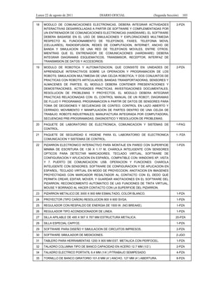 Lunes 22 de agosto de 2011

DIARIO OFICIAL

(Segunda Sección)

103

18

MODULO DE COMUNICACIONES ELECTRONICAS, DEBERA INTEGRAR ACTIVIDADES
INTERACTIVAS DESARROLLADAS A PARTIR DE SOFTWARE Y COMPLEMENTADAS POR
UN ENTRENADOR DE COMUNICACIONES ELECTRONICAS (HARDWARE). EL SOFTWARE
DEBERA BASARSE EN EL USO DE SIMULACIONES Y EXPLORACIONES MULTIMEDIA
RESPECTO AL FUNCIONAMIENTO DE TELEFONOS, FAXES, TELEFONIA MOVIL
(CELULARES), RADIODIFUSION, REDES DE COMPUTACION, INTERNET, ANCHO DE
BANDA Y SIMULACION DE UNA RED DE TELEFONOS MOVILES, ENTRE OTROS.
MIENTRAS QUE EL ENTRENADOR DE COMUNICACIONES (HARDWARE) DEBERA
INTEGRAR DIAGRAMAS ESQUEMATICOS, TRANSMISOR, RECEPTOR, INTERFAZ DE
TRANSMISION DE DATOS Y ACCESORIOS.

2-PZA

19

MODULO DE ROBOTICA Y AUTOMATIZACION, QUE CONSISTE EN: UNIDADES DE
APRENDIZAJE INTERACTIVOS SOBRE LA OPERACION Y PROGRAMACION DE LOS
ROBOTS; SIMULACION MULTIMEDIA DE UNA CELDA ROBOTICA; Y DOS CONJUNTOS DE
PRACTICAS CON ROBOTS ARTICULADOS, BANDAS TRANSPORTADORAS, SENSORES Y
ALMACENES DE PARTES. EL MODULO DEBERA CONTENER PRESENTACIONES Y
DEMOSTRACIONES, ACTIVIDADES PRACTICAS, INVESTIGACIONES DOCUMENTALES,
RESOLUCION DE PROBLEMAS Y PROYECTOS. EL MODULO DEBERA INTEGRAR
PRACTICAS RELACIONADAS CON: EL CONTROL MANUAL DE UN ROBOT; DIAGRAMAS
DE FLUJO Y PROGRAMAS; PROGRAMACION A PARTIR DE DATOS DE SENSORES PARA
TOMA DE DECISIONES Y SECUENCIAS DE CONTEO; CONTROL EN LAZO ABIERTO Y
CERRADO; MOVIMIENTO Y MANIPULACION DE PARTES DENTRO DE UNA CELDA DE
TRABAJO; ROBOTS INDUSTRIALES; MANUFACTURA INTEGRADA POR COMPUTADORA;
SECUENCIAS PRE-PROGRAMADAS; DIAGNOSTICO Y RESOLUCION DE PROBLEMAS.

2-PZA

20

PAQUETE DE LABORATORIO DE ELECTRONICA, COMUNICACION Y SISTEMAS DE
CONTROL.

1-PAQ

21

PAQUETE DE SEGURIDAD E HIGIENE PARA EL LABORATORIO DE ELECTRONICA
COMUNICACION Y SISTEMAS DE CONTROL.

1- PZA

22

PIZARRON ELECTRONICO INTERACTIVO PARA MONTAJE EN PARED CON SUPERFICIE
MINIMA DE ESCRITURA DE 1.56 X 1.17 M, CHAROLA INTELIGENTE CON SENSORES
OPTICOS PARA DETECTAR MARCADORES, TECLADO VIRTUAL, SOFTWARE DE
CONFIGURACION Y APLICACION EN ESPAÑOL. COMPATIBLE CON: WINDOWS XP, VISTA
Y 7. PUERTO DE COMUNICACION: USB. OPERACION Y FUNCIONES: CHAROLA
INTELIGENTE CON SENSORES. SOFTWARE DE CONFIGURACION Y DE APLICACION EN
ESPAÑOL; TECLADO VIRTUAL EN MODO DE PROYECCION; ANOTACION EN IMAGENES
PROYECTADAS CON MARCADOR RESALTADOR AL CONTACTO CON EL DEDO QUE
PERMITA CREAR, EDITAR, MOVER, Y GUARDAR ANOTACIONES EN EL SOFTWARE DEL
PIZARRON; RECONOCIMIENTO AUTOMATICO DE LAS FUNCIONES DE TINTA VIRTUAL,
MOUSE Y BORRADO AL HACER CONTACTO CON LA SUPERFICIE DEL PIZARRON.

1-PZA

23

PIZARRON METALICO DE 3000 X 900 MM ESMALTADO, COLOR BLANCO.

1-PZA

24

PROYECTOR (TIPO CAÑON) RESOLUCION 800 X 600 SVGA.

1-PZA

25

REGULADOR CON RESPALDO DE ENERGIA DE 1500 W. (NO BREAKE).

1-PZA

26

REGULADOR TIPO ACONDICIONADOR DE LINEA.

1-PZA

27

SILLA APILABLE DE 495 X 567 X 767 MM ESTRUCTURA METALICA.

20-PZA

28

SILLA ESPECIAL CAPFCE.

1-PZA

29

SOFTWARE PARA DISEÑO Y SIMULACION DE CIRCUITOS IMPRESOS.

2-PZA

30

SOFTWARE SIMULADOR DE MEDICIONES.

2-JGO

31

TABLERO PARA HERRAMIENTAS 1200 X 900 MM EST. METALICA CON PERFOCEL.

1-PZA

32

TALADRO COLUMNA TIPO DE BANCO CAPACIDAD EN ACERO 12.7 MM (1/2´).

2-PZA

34

TALADRO ELECTRICO PORTATIL 6.4 MM (1/4´) P/TRABAJO SEMIPESADO.

4-PZA

35

TORNILLO DE BANCO GIRATORIO 101.6 MM (4´) ANCHO, 127 MM (4´) ABERTURA.

8-PZA

 