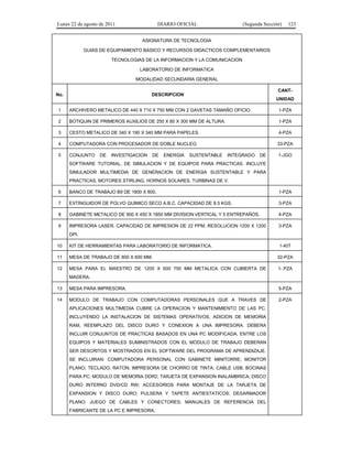 Lunes 22 de agosto de 2011

DIARIO OFICIAL

(Segunda Sección)

123

ASIGNATURA DE TECNOLOGIA
GUIAS DE EQUIPAMIENTO BASICO Y RECURSOS DIDACTICOS COMPLEMENTARIOS
TECNOLOGIAS DE LA INFORMACION Y LA COMUNICACION
LABORATORIO DE INFORMATICA
MODALIDAD SECUNDARIA GENERAL
No.

CANT-

DESCRIPCION

UNIDAD
1

ARCHIVERO METALICO DE 440 X 710 X 750 MM CON 2 GAVETAS TAMAÑO OFICIO.

1-PZA

2

BOTIQUIN DE PRIMEROS AUXILIOS DE 250 X 80 X 300 MM DE ALTURA.

1-PZA

3

CESTO METALICO DE 340 X 190 X 340 MM PARA PAPELES.

4-PZA

4

COMPUTADORA CON PROCESADOR DE DOBLE NUCLEO.

33-PZA

5

CONJUNTO

DE

INVESTIGACION

DE

ENERGIA

SUSTENTABLE

INTEGRADO

DE

1-JGO

SOFTWARE TUTORIAL, DE SIMULACION Y DE EQUIPOS PARA PRACTICAS. INCLUYE
SIMULADOR MULTIMEDIA DE GENERACION DE ENERGIA SUSTENTABLE Y PARA
PRACTICAS, MOTORES STIRLING, HORNOS SOLARES, TURBINAS DE V.
6

BANCO DE TRABAJO B9 DE 1800 X 800.

1-PZA

7

EXTINGUIDOR DE POLVO QUIMICO SECO A.B.C. CAPACIDAD DE 8.5 KGS.

3-PZA

8

GABINETE METALICO DE 900 X 450 X 1850 MM DIVISION VERTICAL Y 5 ENTREPAÑOS.

4-PZA

9

IMPRESORA LASER. CAPACIDAD DE IMPRESION DE 22 PPM. RESOLUCION 1200 X 1200

3-PZA

DPI.
10

KIT DE HERRAMIENTAS PARA LABORATORIO DE INFORMATICA.

1-KIT

11

MESA DE TRABAJO DE 800 X 600 MM.

32-PZA

12

MESA PARA EL MAESTRO DE 1200 X 600 750 MM METALICA CON CUBIERTA DE

1- PZA

MADERA.
13

MESA PARA IMPRESORA.

5-PZA

14

MODULO DE TRABAJO CON COMPUTADORAS PERSONALES QUE A TRAVES DE

2-PZA

APLICACIONES MULTIMEDIA CUBRE LA OPERACION Y MANTENIMIENTO DE LAS PC,
INCLUYENDO LA INSTALACION DE SISTEMAS OPERATIVOS, ADICION DE MEMORIA
RAM, REEMPLAZO DEL DISCO DURO Y CONEXION A UNA IMPRESORA. DEBERA
INCLUIR CONJUNTOS DE PRACTICAS BASADOS EN UNA PC MODIFICADA. ENTRE LOS
EQUIPOS Y MATERIALES SUMINISTRADOS CON EL MODULO DE TRABAJO DEBERAN
SER DESCRITOS Y MOSTRADOS EN EL SOFTWARE DEL PROGRAMA DE APRENDIZAJE.
SE INCLUIRAN: COMPUTADORA PERSONAL CON GABINETE MINITORRE; MONITOR
PLANO; TECLADO; RATON; IMPRESORA DE CHORRO DE TINTA; CABLE USB; BOCINAS
PARA PC; MODULO DE MEMORIA DDR2; TARJETA DE EXPANSION INALAMBRICA; DISCO
DURO INTERNO DVD/CD RW; ACCESORIOS PARA MONTAJE DE LA TARJETA DE
EXPANSION Y DISCO DURO; PULSERA Y TAPETE ANTIESTATICOS; DESARMADOR
PLANO; JUEGO DE CABLES Y CONECTORES; MANUALES DE REFERENCIA DEL
FABRICANTE DE LA PC E IMPRESORA.

 