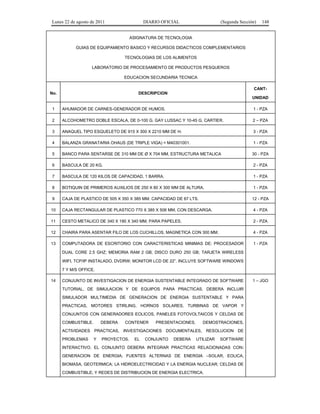 Lunes 22 de agosto de 2011

DIARIO OFICIAL

(Segunda Sección)

148

ASIGNATURA DE TECNOLOGIA
GUIAS DE EQUIPAMIENTO BASICO Y RECURSOS DIDACTICOS COMPLEMENTARIOS
TECNOLOGIAS DE LOS ALIMENTOS
LABORATORIO DE PROCESAMIENTO DE PRODUCTOS PESQUEROS
EDUCACION SECUNDARIA TECNICA
CANTNo.

DESCRIPCION
UNIDAD

1

AHUMADOR DE CARNES-GENERADOR DE HUMOS.

1 - PZA

2

ALCOHOMETRO DOBLE ESCALA, DE 0-100 G. GAY LUSSAC Y 10-45 G. CARTIER.

2 – PZA

3

ANAQUEL TIPO ESQUELETO DE 915 X 300 X 2210 MM DE H.

3 - PZA

4

BALANZA GRANATARIA OHAUS (DE TRIPLE VIGA) = M40301001.

1 - PZA

5

BANCO PARA SENTARSE DE 310 MM DE Ø X 704 MM, ESTRUCTURA METALICA

30 - PZA

6

BASCULA DE 20 KG.

2 - PZA

7

BASCULA DE 120 KILOS DE CAPACIDAD, 1 BARRA.

1 - PZA

8

BOTIQUIN DE PRIMEROS AUXILIOS DE 250 X 80 X 300 MM DE ALTURA.

1 - PZA

9

CAJA DE PLASTICO DE 505 X 350 X 385 MM. CAPACIDAD DE 67 LTS.

12 - PZA

10

CAJA RECTANGULAR DE PLASTICO 770 X 385 X 506 MM, CON DESCARGA.

4 - PZA

11

CESTO METALICO DE 340 X 190 X 340 MM, PARA PAPELES.

2 - PZA

12

CHAIRA PARA ASENTAR FILO DE LOS CUCHILLOS, MAGNETICA CON 300 MM.

4 - PZA

13

COMPUTADORA DE ESCRITORIO CON CARACTERISTICAS MINIMAS DE: PROCESADOR

1 - PZA

DUAL CORE 2.5 GHZ; MEMORIA RAM 2 GB; DISCO DURO 250 GB; TARJETA WIRELESS
WIFI, TCP/IP INSTALADO, DVDRW; MONITOR LCD DE 22”. INCLUYE SOFTWARE WINDOWS
7 Y M/S OFFICE.
14

CONJUNTO DE INVESTIGACION DE ENERGIA SUSTENTABLE INTEGRADO DE SOFTWARE
TUTORIAL, DE SIMULACION Y DE EQUIPOS PARA PRACTICAS. DEBERA INCLUIR
SIMULADOR MULTIMEDIA DE GENERACION DE ENERGIA SUSTENTABLE Y PARA
PRACTICAS, MOTORES STIRLING, HORNOS SOLARES, TURBINAS DE VAPOR Y
CONJUNTOS CON GENERADORES EOLICOS, PANELES FOTOVOLTAICOS Y CELDAS DE
COMBUSTIBLE.

DEBERA

CONTENER

PRESENTACIONES,

DEMOSTRACIONES,

ACTIVIDADES PRACTICAS, INVESTIGACIONES DOCUMENTALES, RESOLUCION DE
PROBLEMAS

Y

PROYECTOS.

EL

CONJUNTO

DEBERA

UTILIZAR

SOFTWARE

INTERACTIVO. EL CONJUNTO DEBERA INTEGRAR PRACTICAS RELACIONADAS CON:
GENERACION DE ENERGIA; FUENTES ALTERNAS DE ENERGIA –SOLAR, EOLICA,
BIOMASA, GEOTERMICA; LA HIDROELECTRICIDAD Y LA ENERGIA NUCLEAR; CELDAS DE
COMBUSTIBLE; Y REDES DE DISTRIBUCION DE ENERGIA ELECTRICA.

1 – JGO

 