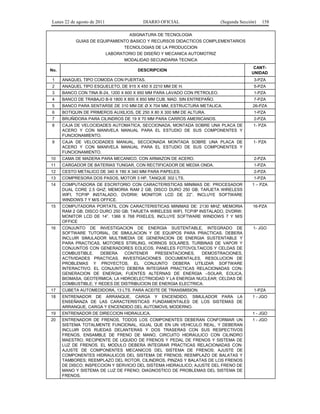 Lunes 22 de agosto de 2011

DIARIO OFICIAL

(Segunda Sección)

158

ASIGNATURA DE TECNOLOGIA
GUIAS DE EQUIPAMIENTO BASICO Y RECURSOS DIDACTICOS COMPLEMENTARIOS
TECNOLOGIAS DE LA PRODUCCION
LABORATORIO DE DISEÑO Y MECANICA AUTOMOTRIZ
MODALIDAD SECUNDARIA TECNICA
No.

DESCRIPCION

CANTUNIDAD

1

ANAQUEL TIPO COMODA CON PUERTAS.

3-PZA

2

ANAQUEL TIPO ESQUELETO, DE 915 X 450 X 2210 MM DE H.

5-PZA

3

BANCO CON TINA B-24, 1200 X 600 X 950 MM PARA LAVADO CON PETROLEO.

1-PZA

4

BANCO DE TRABAJO B-9 1800 X 800 X 850 MM CUB. MAD. SIN ENTREPAÑO.

7-PZA

5

BANCO PARA SENTARSE DE 310 MM DE Ø X 704 MM, ESTRUCTURA METALICA.

26-PZA

6

BOTIQUIN DE PRIMEROS AUXILIOS, DE 250 X 80 X 300 MM DE ALTURA.

1-PZA

7

BRUÑIDORA PARA CILINDROS DE 19 X 70 MM PARA CARROS AMERICANOS.

2-PZA

8

CAJA DE VELOCIDADES AUTOMATICA, SECCIONADA, MONTADA SOBRE UNA PLACA DE
ACERO Y CON MANIVELA MANUAL PARA EL ESTUDIO DE SUS COMPONENTES Y
FUNCIONAMIENTO.

1- PZA

9

CAJA DE VELOCIDADES MANUAL, SECCIONADA MONTADA SOBRE UNA PLACA DE
ACERO Y CON MANIVELA MANUAL PARA EL ESTUDIO DE SUS COMPONENTES Y
FUNCIONAMIENTO.

1- PZA

10

CAMA DE MADERA PARA MECANICO, CON ARMAZON DE ACERO.

2-PZA

11

CARGADOR DE BATERIAS TUNGAR, CON RECTIFICADOR DE MEDIA ONDA.

1-PZA

12

CESTO METALICO DE 340 X 190 X 340 MM PARA PAPELES.

2-PZA

13

COMPRESORA DOS PASOS, MOTOR 3 HP, TANQUE 302 LTS.

14

COMPUTADORA DE ESCRITORIO CON CARACTERISTICAS MINIMAS DE: PROCESADOR
DUAL CORE 2.5 GHZ; MEMORIA RAM 2 GB; DISCO DURO 250 GB; TARJETA WIRELESS
WIFI, TCP/IP INSTALADO, DVDRW; MONITOR LCD DE 22”. INCLUYE SOFTWARE
WINDOWS 7 Y M/S OFFICE.

1 – PZA

15

COMPUTADORA PORTATIL CON CARACTERISTICAS MINIMAS DE: 2130 MHZ; MEMORIA
RAM 2 GB; DISCO DURO 250 GB; TARJETA WIRELESS WIFI, TCP/IP INSTALADO, DVDRW;
MONITOR LCD DE 14”. 1366 X 768 PIXELES, INCLUYE SOFTWARE WINDOWS 7 Y M/S
OFFICE

16-PZA

16

CONJUNTO DE INVESTIGACION DE ENERGIA SUSTENTABLE, INTEGRADO DE
SOFTWARE TUTORIAL, DE SIMULACION Y DE EQUIPOS PARA PRACTICAS. DEBERA
INCLUIR SIMULADOR MULTIMEDIA DE GENERACION DE ENERGIA SUSTENTABLE Y
PARA PRACTICAS, MOTORES STIRLING, HORNOS SOLARES, TURBINAS DE VAPOR Y
CONJUNTOS CON GENERADORES EOLICOS, PANELES FOTOVOLTAICOS Y CELDAS DE
COMBUSTIBLE.
DEBERA
CONTENER
PRESENTACIONES,
DEMOSTRACIONES,
ACTIVIDADES PRACTICAS, INVESTIGACIONES DOCUMENTALES, RESOLUCION DE
PROBLEMAS Y PROYECTOS. EL CONJUNTO DEBERA UTILIZAR SOFTWARE
INTERACTIVO. EL CONJUNTO DEBERA INTEGRAR PRACTICAS RELACIONADAS CON:
GENERACION DE ENERGIA; FUENTES ALTERNAS DE ENERGIA –SOLAR, EOLICA,
BIOMASA, GEOTERMICA; LA HIDROELECTRICIDAD Y LA ENERGIA NUCLEAR; CELDAS DE
COMBUSTIBLE; Y REDES DE DISTRIBUCION DE ENERGIA ELECTRICA.

1- JGO

17

CUBETA AUTOMEDIDORA, 13 LTS. PARA ACEITE DE TRANSMISION.

18

ENTRENADOR DE ARRANQUE, CARGA Y ENCENDIDO, SIMULADOR PARA LA
ENSEÑANZA DE LAS CARACTERISTICAS FUNDAMENTALES DE LOS SISTEMAS DE
ARRANQUE, CARGA Y ENCENDIDO DEL AUTOMOVIL MODERNO.

1 - JGO

19

ENTRENADOR DE DIRECCION HIDRAULICA.

1 - JGO

20

ENTRENADOR DE FRENOS, TODOS LOS COMPONENTES DEBERAN CONFORMAR UN
SISTEMA TOTALMENTE FUNCIONAL, IGUAL QUE EN UN VEHICULO REAL, Y DEBERAN
INCLUIR DOS RUEDAS DELANTERAS Y DOS TRASERAS CON SUS RESPECTIVOS
FRENOS, ENSAMBLE DE FRENO DE MANO, CIRCUITO HIDRAULICO CON CILINDRO
MAESTRO, RECIPIENTE DE LIQUIDO DE FRENOS Y PEDAL DE FRENOS Y SISTEMA DE
LUZ DE FRENOS. EL MODULO DEBERA INTEGRAR PRACTICAS RELACIONADAS CON:
AJUSTE DE COMPONENTES MECANICOS DEL SISTEMA DE FRENOS; AJUSTE DE
COMPONENTES HIDRAULICOS DEL SISTEMA DE FRENOS; REEMPLAZO DE BALATAS Y
TAMBORES; REEMPLAZO DEL ROTOR, CILINDROS, PINZAS Y BALATAS DE LOS FRENOS
DE DISCO; INSPECCION Y SERVICIO DEL SISTEMA HIDRAULICO; AJUSTE DEL FRENO DE
MANO Y SISTEMA DE LUZ DE FRENO; DIAGNOSTICO DE PROBLEMAS DEL SISTEMA DE
FRENOS.

1 - JGO

1-PZA

1-PZA

 