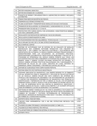 Lunes 22 de agosto de 2011

DIARIO OFICIAL

(Segunda Sección)

160

45

MOTOR FUNCIONAL DIDACTICO.

1-PZA

46

MOTOR SECCIONADO DE 4 CILINDROS.

1-PZA

47

PAQUETE DE HIGIENE Y SEGURIDAD PARA EL LABORATORIO DE DISEÑO Y MECANICA
AUTOMOTRIZ.

1- PAQ

48

PINZAS PARA MONTAR RESORTES DE FRENOS.

1-PZA

49

PIZARRON ELECTRONICO INTERACTIVO.

1-PZA

50

PLUMA LEVANTADOR Y TRANSPORTADOR HIDRAULICO 500 KGS CON RUEDAS.

1-PZA

51

PROBADOR DE REGULADORES, ALTERNADORES Y GENERADORES DE 127 VOLTS.

1-PZA

52

PROBADOR PARA CELDAS DE 6 Y 12 VOLTS.

53

PROYECTOR (TIPO CAÑON) DIGITAL CON ACCESORIOS, CARACTERISTICAS MINIMAS:
2000 ANSI LUMENS/BRILLANTES.

54

REGULADOR CON RESPALDO DE ENERGIA DE 1500 W (NO BREAKE).

1 – PZA

55

REGULADOR ACONDICIONADOR EN LINEA.

1 – PZA

56

RUTEADOR/MODEM PARA RED INALAMBRICA, TECNOLOGIA 802. 11 G 2.4 GHZ.

1 – PZA

57

SILLA APILABLE DE 495 X 567 X 767 MM, ESTRUCTURA METALICA.

17-PZA

58

SILLA ESPECIAL CAPFCE.

1 – PZA

59

SISTEMA DE AUTOTRONICA QUE SE INTEGRA DE UN CONJUNTO DE MODULOS
INDIVIDUALES QUE COMBINAN SOFTWARE INTERACTIVO CON TABLEROS DE
PRACTICAS, Y QUE CUBREN LOS CIRCUITOS ELECTRICOS Y ELECTRONICOS MAS
IMPORTANTES DEL AUTOMOVIL. EL MODULO DEBERA CONTENER PRESENTACIONES Y
DEMOSTRACIONES PARA LOS ESTUDIANTES, DE ACTIVIDADES PRACTICAS,
INVESTIGACIONES DOCUMENTALES, RESOLUCION DE PROBLEMAS Y PROYECTOS. EL
PROGRAMA DE APRENDIZAJE DEL MODULO DEBERA PERMITIR QUE TODOS LOS
ESTUDIANTES REALICEN SIMULTANEAMENTE ACTIVIDADES RELACIONADAS CON LOS
MISMOS TEMAS Y DEBERA UTILIZAR SOFTWARE INTERACTIVO EN ESPAÑOL. EL
MODULO DEBERA INTEGRAR PRACTICAS RELACIONADAS CON: FUNCIONAMIENTO Y
DETECCION DE FALLAS DE LAS LUCES; CIRCUITOS DE LUCES; SISTEMAS DE
ARRANQUE, CARGA Y ENCENDIDO; Y SISTEMAS DE CONTROL DEL MOTOR.

1 – PZA

60

SISTEMA DE ALMACENAJE PARA COMPUTADORA PORTATIL.

1 -JGO

61

SISTEMA DIDACTICO DE CONTROLES INDUSTRIALES.

1 - JGO

62

SOFWARE SIMULADOR DE DIAGNOSTICO, QUE DEBERA BASARSE EN UN AMBIENTE
VIRTUAL INTERACTIVO PARA EL DIAGNOSTICO Y SOLUCION DE FALLAS ELECTRICOS
DE UN VEHICULO. DEBERA INCLUIR UNA VISTA COMPLETA DEL INTERIOR DEL
VEHICULO CON CONTROLES DEL ENCENDIDO Y DE LAS POSICIONES DE LOS PEDALES
Y CONTAR CON DIFERENTES HERRAMIENTAS DE DIAGNOSTICO QUE PERMITAN LA
IDENTIFICACION Y REPARACION DE POR LO MENOS 24 FALLAS. LOS ESTUDIANTES
DEBERAN PODER LLEVAR EL VEHICULO POR UN RECORRIDO DE PRUEBA VIRTUAL EN
EL CUAL SE GENERARAN DATOS QUE ASISTAN AL DIAGNOSTICO; IDENTIFICAR Y
ELIMINAR CODIGOS DE FALLAS; Y USAR UN MULTIMETRO Y UN SCANNER VIRTUALES
PARA DETERMINAR EL ESTADO DE SENSORES Y ACTUADORES.

1 -PZA

63

SOFTWARE DE DISEÑO Y MODELAJE 2D Y 3D, PARA EL DESARROLLO DE PLANOS CAD
CONVENCIONALES; MODELOS VIRTUALES DESDE MULTIPLES VISTAS ORTOGRAFICAS;
CAMBIOS DE COLORES Y TEXTURAS; DETERMINACION DE PROPIEDADES DE
MATERIALES; MEDICION DE PROPIEDADES COMO MASA Y VOLUMEN, CON BIBLIOTECA
DE FORMAS 3D Y LICENCIA INSTITUCIONAL.

1-PZA

64

SOPORTE MOVIL PARA MOTORES.

1-PZA

65

TABLERO PARA HERRAMIENTAS 1200 X 900 MM, ESTRUCTURA METALICA CON
PERFOCEL.

2-PZA

66

TALADRO COLUMNA TIPO BANCO, CAPACIDAD EN ACERO 12.7 MM (1/2´).

1-PZA

67

TALADRO ELECTRICO PORTATIL TIPO PISTOLA.

3 - PZA

68

TALLER MOTORES DE COMBUSTION INTERNA 25 ARTICULOS (PAQUETE)

1-PAQ

69

ESTANTE TIPO D

3-PZA

1-PZA

 
