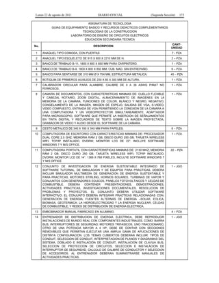 Lunes 22 de agosto de 2011

DIARIO OFICIAL

(Segunda Sección)

175

ASIGNATURA DE TECNOLOGIA
GUIAS DE EQUIPAMIENTO BASICO Y RECURSOS DIDACTICOS COMPLEMENTARIOS
TECNOLOGIAS DE LA CONSTRUCCION
LABORATORIO DE DISEÑO DE CIRCUITOS ELECTRICOS
EDUCACION SECUNDARIA TECNICA
No.

DESCRIPCION

CANTUNIDAD

1

ANAQUEL TIPO COMODA, CON PUERTAS

7 - PZA

2

ANAQUEL TIPO ESQUELETO DE 915 X 600 X 2210 MM DE H.

2 – PZA

3

BANCO DE TRABAJO B-11, 1800 X 800 X 850 MM PARA CARPINTERO.

1 – PZA

4

BANCO DE TRABAJO B-9, 1800 X 800 X 850 MM. CUB. MAD. SIN ENTREPAÑO.

6 – PZA

5

BANCO PARA SENTARSE DE 310 MM Ø X 704 MM, ESTRUCTURA METALICA.

40 – PZA

6

BOTIQUIN DE PRIMEROS AUXILIOS DE 250 X 80 X 300 MM DE ALTURA.

1 – PZA

7

CALIBRADOR CIRCULAR PARA ALAMBRE. CALIBRE DE 0 A 36 ASWG P/MAT NO
FERROSOS.

1 – PZA

8

CAMARA DE DOCUMENTOS, CON CARACTERISTICAS MINIMAS DE: CUELLO FLEXIBLE
Y CABEZAL ROTARIO, ZOOM DIGITAL, ALMACENAMIENTO DE IMAGENES EN LA
MEMORIA DE LA CAMARA, FUNCIONES DE COLOR, BLANCO Y NEGRO, NEGATIVO,
CONGELAMIENTO DE LA IMAGEN, IMAGEN DE ESPEJO, SALIDAS DE VGA, S-VIDEO,
VIDEO COMPUESTO, ENTRADA DE VGA PERMITIENDO LA CONEXION DE LA CAMARA A
UNA COMPUTADORA Y UN VIDEOPROYECTOR SIMULTANEAMENTE, ADAPTADOR
PARA MICROSCOPIO, SOFTWARE QUE PERMITE LA INSERCION DE SEÑALAMIENTOS
EN TINTA DIGITAL Y RECUADROS DE TEXTO SOBRE LA IMAGEN PROYECTADA,
GRABADOR DE VIDEO Y AUDIO DESDE EL SOFTWARE DE LA CAMARA.

1 – PZA

9

CESTO METALICO DE 340 X 190 X 340 MM PARA PAPELES.

6 – PZA

10

COMPUTADORA DE ESCRITORIO CON CARACTERISTICAS MINIMAS DE: PROCESADOR
DUAL CORE 2.5 GHZ; MEMORIA RAM 2 GB; DISCO DURO 250 GB; TARJETA WIRELESS
WIFI, TCP/IP INSTALADO, DVDRW; MONITOR LCD DE 22”. INCLUYE SOFTWARE
WINDOWS 7 Y M/S OFFICE.

1 – PZA

11

COMPUTADORA PORTATIL CON CARACTERISTICAS MINIMAS DE: 2130 MHZ; MEMORIA
RAM 2 GB; DISCO DURO 250 GB; TARJETA WIRELESS WIFI, TCP/IP INSTALADO,
DVDRW; MONITOR LCD DE 14”. 1366 X 768 PIXELES, INCLUYE SOFTWARE WINDOWS 7
Y M/S OFFICE

22 – PZA

12

CONJUNTO DE INVESTIGACION DE ENERGIA SUSTENTABLE INTEGRADO DE
SOFTWARE TUTORIAL, DE SIMULACION Y DE EQUIPOS PARA PRACTICAS. DEBERA
INCLUIR SIMULADOR MULTIMEDIA DE GENERACION DE ENERGIA SUSTENTABLE Y
PARA PRACTICAS, MOTORES STIRLING, HORNOS SOLARES, TURBINAS DE VAPOR Y
CONJUNTOS CON GENERADORES EOLICOS, PANELES FOTOVOLTAICOS Y CELDAS DE
COMBUSTIBLE.
DEBERA
CONTENER PRESENTACIONES,
DEMOSTRACIONES,
ACTIVIDADES PRACTICAS, INVESTIGACIONES DOCUMENTALES, RESOLUCION DE
PROBLEMAS Y PROYECTOS. EL CONJUNTO DEBERA UTILIZAR SOFTWARE
INTERACTIVO. EL CONJUNTO DEBERA INTEGRAR PRACTICAS RELACIONADAS CON:
GENERACION DE ENERGIA; FUENTES ALTERNAS DE ENERGIA –SOLAR, EOLICA,
BIOMASA, GEOTERMICA; LA HIDROELECTRICIDAD Y LA ENERGIA NUCLEAR; CELDAS
DE COMBUSTIBLE; Y REDES DE DISTRIBUCION DE ENERGIA ELECTRICA.

1 – JGO

13

EMBOBINADOR MANUAL FABRICADO EN ALUMINIO.

4 – PZA

14

ENTRENADOR DE DISTRIBUCION DE ENERGIA ELECTRICA, DEBE REPRODUCIR
INSTALACIONES DE MUNDO REAL CON COMPONENTES INDUSTRIALES, COMO: BARRA
BUS; INTERRUPTORES DE SEGURIDAD; MOTORES TRIFASICOS, UNO FRACCIONARIO,
OTRO DE UNA POTENCIA MAYOR A 4 HP, DEBE DE CONTAR CON SECCIONES
REMOVIBLES QUE PERMITAN EJECUTAR UNA AMPLIA GAMA DE APLICACIONES DE
DISTINTA CONFIGURACION. LOS TEMAS CUBIERTOS DEBERAN INCLUIR: TIPOS DE
CONDUIT, SELECCION DE CONDUIT, INTERPRETACION DE PLANOS Y DIAGRAMAS DEL
SISTEMA, DOBLADO E INSTALACION DE CONDUIT, INSTALACION DE CLAVIJA BUS,
SELECCION DE PROTECCION DE CIRCUITOS, SELECCION E INSTALACION DE
INTERRUPTOR DE SEGURIDAD, CALCULO DE CALIBRE DE CONDUCTOR Y SELECCION
DE ACCESORIOS. AL ENTRENADOR DEBERAN SUMINISTRARSE MANUALES DE
ACTIVIDADES PRACTICAS.

1 – JGO

 