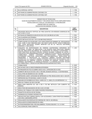 Lunes 22 de agosto de 2011

DIARIO OFICIAL

(Segunda Sección)

184

23

SILLA ESPECIAL CAPFCE.

1 – PZA

24

SOFTWARE DE ADMINISTRACION CONTABLE COI.

1 – PZA

25

SOFTWARE DE ADMINISTRACION CONTABLE SAP.

1 – PZA

ASIGNATURA DE TECNOLOGIA
GUIAS DE EQUIPAMIENTO BASICO Y RECURSOS DIDACTICOS COMPLEMENTARIOS
TECNOLOGIAS DE LA SALUD, LOS SERVICIOS Y LA RECREACION
LABORATORIO DE OFIMATICA
EDUCACION SECUNDARIA TECNICA
CANTUNIDAD

No.

DESCRIPCION

1

ARCHIVERO METALICO VERTICAL DE TRES GAVETAS CON MEDIDAS GENERALES DE
0.47 X 0.65 X 1.01 M.

2

BOTIQUIN DE PRIMEROS AUXILIOS DE 250 X 80 X 300 MM DE ALTURA.

1 - PZA

3

CALCULADORA ELECTRONICA.

6 – PZA

4

CESTO METALICO DE 340 X 190 X 340 MM PARA PAPELES.

2 – PZA

5

COMPUTADORA DE ESCRITORIO CON CARACTERISTICAS MINIMAS DE: PROCESADOR
DUAL CORE 2.5 GHZ; MEMORIA RAM 2 GB; DISCO DURO 250 GB; TARJETA WIRELESS
WIFI, TCP/IP INSTALADO, DVDRW; MONITOR LCD DE 22”. INCLUYE SOFTWARE
WINDOWS 7 Y M/S OFFICE.

41 – PZA

6

CONJUNTO DE INVESTIGACION DE ENERGIA SUSTENTABLE INTEGRADO DE
SOFTWARE TUTORIAL, DE SIMULACION Y DE EQUIPOS PARA PRACTICAS. DEBERA
INCLUIR SIMULADOR MULTIMEDIA DE GENERACION DE ENERGIA SUSTENTABLE Y
PARA PRACTICAS, MOTORES STIRLING, HORNOS SOLARES, TURBINAS DE VAPOR Y
CONJUNTOS CON GENERADORES EOLICOS, PANELES FOTOVOLTAICOS Y CELDAS DE
COMBUSTIBLE.
DEBERA
CONTENER
PRESENTACIONES,
DEMOSTRACIONES,
ACTIVIDADES PRACTICAS, INVESTIGACIONES DOCUMENTALES, RESOLUCION DE
PROBLEMAS Y PROYECTOS. EL CONJUNTO DEBERA UTILIZAR SOFTWARE
INTERACTIVO. EL CONJUNTO DEBERA INTEGRAR PRACTICAS RELACIONADAS CON:
GENERACION DE ENERGIA; FUENTES ALTERNAS DE ENERGIA –SOLAR, EOLICA,
BIOMASA, GEOTERMICA; LA HIDROELECTRICIDAD Y LA ENERGIA NUCLEAR; CELDAS
DE COMBUSTIBLE; Y REDES DE DISTRIBUCION DE ENERGIA ELECTRICA.

1 – JGO

7

CONMUTADOR

2 – EQP

8

DICTAFONO CON 512 MB DE MEMORIA INTEGRADA.

5 – PZA

9

EXTINGUIDOR DE POLVO QUIMICO SECO A.B.C. CAPACIDAD DE 8.5 KGS.

2 – PZA

10

GABINETE METALICO DE 900 X 450 X 1850 MM, DIVISION VERTICAL Y 5 ENTREPAÑOS.

3 – PZA

11

GUILLOTINA DE MADERA DE 300 X 300 MM.

1 – PZA

12

IMPRESORA LASER, CAPACIDAD DE IMPRESION 22 PPM, RESOLUCION 1200 X 1200 DPI.

2 – PZA

13

IMPRESORA MULTIFUNCIONAL LASER A COLOR.

2 – PZA

14

MAQUINA DE ESCRIBIR ELECTRICA, CARRO DE 15’, LINEA UTIL DE IMPRESION 11.5’.

4 – PZA

15

MESA DE TRABAJO DE 800 X 600 MM.

40 – PZA

16

MESA PARA MAESTRO DE 1200 X 600 X 750 MM, METALICA CON CUBIERTA DE
MADERA.

4 – PZA

17

MESA PARA MECANOGRAFIA DE 800 X 400 X 675 MM.

4 – PZA

18

MODULO DE TRABAJO CON COMPUTADORES PERSONALES.

1 – JGO

19

PAQUETE DE ARTICULOS DE OFICINA.

2 – PAQ

20

PIZARRON ELECTRONICO INTERACTIVO.

1 – PZA

21

PROYECTOR (TIPO CAÑON)) DIGITAL CON ACCESORIOS. CARACTERISTICAS MINIMAS:
2000 ANSI LUMENS/BRILLANTES.

1 – PZA

22

REGULADOR CON RESPALDO DE ENERGIA DE 1500 W. (NO BREAK).

1 – PZA

23

REGULADOR ACONDICIONADOR EN LINEA.

1 - PZA

24

RUTEADOR/MODEM PARA, RED INALAMBRICA. TECNOLOGIA 802.11 G. 2.4 GHZ.

1 – PZA

25

SILLA ESPECIAL PARA COMPUTO.

44 – PZA

3 – PZA

 