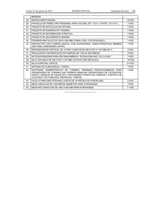 Lunes 22 de agosto de 2011

DIARIO OFICIAL

(Segunda Sección)

186

MADERA.
28

MICROCOMPUTADORA.

16-PZA

29

PANTALLA DE PARED TIPO PERSIANA, PARA COLGAR, DE 1.78 X 1.78 MTS. (70´X 70´).

1-PZA

30

PAQUETE DE ARTICULOS DE OFICINA.

1-PAQ

31

PAQUETE DE ENSERES DE TURISMO.

1-PAQ

32

PAQUETE DE INFORMACION TURISTICA.

1-PAQ

33

PAQUETE DE SEGURIDAD E HIGIENE.

1-PAQ

34

PIZARRON METALICO DE 3000 X 900 MM, ESMALTADO, COLOR BLANCO.

1-PZA

35

PROYECTOR (TIPO CAÑON) DIGITAL CON ACCESORIOS, CARACTERISTICAS MINIMAS
2000 ANSI LUMENS/BRILLANTES.

1-PZA

36

REFRIGERADOR VERTICAL DE 10 PIES CUBICOS DE 580 X 670 X 1470 MM DE H.

2-PZA

37

REGULADOR CON RESPALDO DE ENERGIA DE 1500 W (NO BREAK)

2-PZA

38

RUTEADOR/MODEM PARA RED INALAMBRICA, TECNOLOGIA 802.11G 2.4 GHZ.

39

SILLA APILABLE DE 495 X 567 X 767 MM, ESTRUCTURA METALICA.

´16-PZA

40

SILLA ESPECIAL CAPFCE.

21-PZA

41

SISTEMA DE ALMACENAJE Y CARGA.

1-PZA

42

SOFTWARE ADMINISTRATIVO DE TURISMO, DISEÑADO ESPECIFICAMENTE PARA
OPERADORES DE TURISMO QUE PERMITA MANEJAR OPERACIONES DE COTIZACION,
VENTA Y MANEJO DE PAQUETES Y PROGRAMAS TURISTICOS. EMISION Y CONTROL DE
VOUCHER, FACTURACION, PREPAGOS, TARIFAS.

1-PZA

43

VAJILLA PARA SEIS PESONAS (JUEGO DE 30 PIEZAS) DE PORCELANA.

2-JGO

44

MESA CIRCULAR DE 1200 MM DE DIAMETRO PARA 8 PERSONAS.

1-PZA

45

MESA RECTANGULAR DE 1800 X 900 MM PARA 8 PERSONAS.

1 -PZA

___________________________

1-PZA

 
