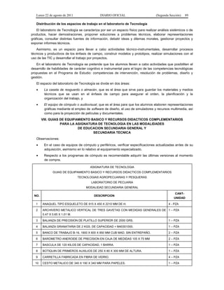 Lunes 22 de agosto de 2011

DIARIO OFICIAL

(Segunda Sección)

89

Distribución de los espacios de trabajo en el laboratorio de Tecnología
El laboratorio de Tecnología se caracteriza por ser un espacio físico para realizar análisis sistémicos o de
productos, hacer demostraciones, proponer soluciones a problemas técnicos, elaborar representaciones
gráficas, consultar distintas fuentes de información, debatir ideas y dilemas morales, gestionar proyectos y
exponer informes técnicos.
Asimismo, es un espacio para llevar a cabo actividades técnico-instrumentales, desarrollar procesos
técnicos y productivos de los énfasis de campo, construir modelos y prototipos, realizar simulaciones con el
uso de las TIC y desarrollar el trabajo por proyectos.
En el laboratorio de Tecnología se pretende que los alumnos lleven a cabo actividades que posibiliten el
desarrollo de habilidades de carácter cognitivo e instrumental para el logro de las competencias tecnológicas
propuestas en el Programa de Estudio: competencias de intervención, resolución de problemas, diseño y
gestión.
El espacio del laboratorio de Tecnología se divide en dos áreas:
•

La caseta de resguardo o almacén, que es el área que sirve para guardar los materiales y medios
técnicos que se usan en el énfasis de campo para asegurar el orden, la planificación y la
organización del trabajo, y

•

El equipo de cómputo o audiovisual, que es el área para que los alumnos elaboren representaciones
gráficas mediante el empleo de software de diseño, el uso de simuladores y recursos multimedia, así
como para la proyección de películas y documentales.
VIII. GUIAS DE EQUIPAMIENTO BASICO Y RECURSOS DIDACTICOS COMPLEMENTARIOS
PARA LA ASIGNATURA DE TECNOLOGIA EN LAS MODALIDADES
DE EDUCACION SECUNDARIA GENERAL Y
SECUNDARIA TECNICA

Observaciones:
•

En el caso de equipos de cómputo y periféricos, verificar especificaciones actualizadas antes de su
adquisición, asimismo en lo relativo al equipamiento especializado.

•

Respecto a los programas de cómputo es recomendable adquirir las últimas versiones al momento
de compra.
ASIGNATURA DE TECNOLOGIA
GUIAS DE EQUIPAMIENTO BASICO Y RECURSOS DIDACTICOS COMPLEMENTARIOS
TECNOLOGIAS AGROPECUARIAS Y PESQUERAS
LABORATORIO DE PECUARIA
MODALIDAD SECUNDARIA GENERAL

NO.

DESCRIPCION

CANTUNIDAD

1

ANAQUEL TIPO ESQUELETO DE 915 X 450 X 2210 MM DE H.

4 - PZA

2

ARCHIVERO METALICO VERTICAL DE TRES GAVETAS CON MEDIDAS GENERALES DE 1 – PZA
0.47 X 0.65 X 1.01 M.

3

BALANZA DE PRECISION DE PLATILLO SUPERIOR DE 2000 GRS.

1 – PZA

4

BALANZA GRANATARIA DE 2 KGS. DE CAPACIDAD = M40301000.

1 – PZA

5

BANCO DE TRABAJO B-16, 1800 X 600 X 850 MM CUB MAD. SIN ENTREPAÑO.

2 – PZA

6

BAROMETRO ANEROIDE DE PRECISION EN CAJA DE MEDIDAS 105 X 75 MM

2 – PZA

7

BASCULA DE 120 KILOS DE CAPACIDAD, 1 BARRA.

1 – PZA

8

BOTIQUIN DE PRIMEROS AUXILIOS DE 250 X 80 X 300 MM DE ALTURA.

1 – PZA

9

CARRETILLA FABRICADA EN FIBRA DE VIDRIO.

4 – PZA

10

CESTO METALICO DE 340 X 190 X 340 MM PARA PAPELES.

1 – PZA

 