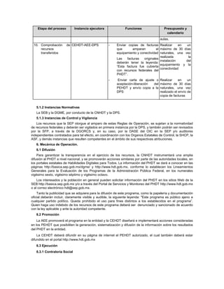 Etapa del proceso         Instancia ejecutora               Funciones                 Presupuesto y
                                                                                            calendario
                                                                                       aulas.
 10. Comprobación       de CEHDT-AEE-DPS            -     Enviar copias de facturas Realizar       en un
     recursos                                             que        amparan        el máximo de 30 días
     transferidos                                         equipamiento y conectividad naturales, una vez
                                                                                       realizada       la
                                                          Las    facturas  originales
                                                                                       instalación    del
                                                          deberán tener la leyenda:
                                                                                       equipamiento y la
                                                          “Esta factura fue cubierta
                                                                                       conectividad
                                                          con recursos federales del
                                                          PHDT”.
                                                    -      Enviar carta de ajuste o    Realizar     en    un
                                                          aceptación-liberación  del   máximo de 30 días
                                                          PEHDT y envío copia a la     naturales, una vez
                                                          DPS                          realizado el envío de
                                                                                       copia de facturas


   5.1.2 Instancias Normativas
   La SEB y la DGME, por conducto de la CNHDT y la DPS.
   5.1.3 Instancias de Control y Vigilancia
    Los recursos que la SEP otorgue al amparo de estas Reglas de Operación, se sujetan a la normatividad
de recursos federales y deberán ser vigilados en primera instancia por la DPS, y también podrán ser revisados
por la SFP, a través de la DGORCS y, en su caso, por la DASE del OIC en la SEP y/o auditores
independientes contratados para tal efecto, en coordinación con los Organos Estatales de Control, la SHCP, la
ASF, y demás instancias que resulten competentes en el ámbito de sus respectivas atribuciones.
   6. Mecánica de Operación.
   6.1 Difusión
    Para garantizar la transparencia en el ejercicio de los recursos, la CNHDT instrumentará una amplia
difusión al PHDT a nivel nacional, y se promoverán acciones similares por parte de las autoridades locales, en
los portales estatales de Habilidades Digitales para Todos. La información del PHDT se dará a conocer en las
páginas http://basica.sep.gob.mx/dgme/ y http://www.hdt.gob.mx, conforme lo establecen los Lineamientos
Generales para la Evaluación de los Programas de la Administración Pública Federal, en los numerales
vigésimo sexto, vigésimo séptimo y vigésimo octavo.
    Los interesados y la población en general pueden solicitar información del PHDT en los sitios Web de la
SEB http://basica.sep.gob.mx y/o a través del Portal de Servicios y Monitoreo del PHDT http://www.hdt.gob.mx
o al correo electrónico hdt@sep,gob.mx.
    Tanto la publicidad que se adquiera para la difusión de este programa, como la papelería y documentación
oficial deberán incluir, claramente visible y audible, la siguiente leyenda: "Este programa es público ajeno a
cualquier partido político. Queda prohibido el uso para fines distintos a los establecidos en el programa”.
Quien haga uso indebido de los recursos de este programa deberá ser denunciado y sancionado de acuerdo
con la ley aplicable y ante la autoridad competente.
   6.2 Promoción
    La AEE promoverá el programa en la entidad y la CEHDT diseñará e implementará acciones consideradas
en los PEHDT que posibiliten la generación, sistematización y difusión de la información sobre los resultados
del PHDT en la entidad.
    La CEHDT deberá difundir en su página de internet el PEHDT autorizado, el cual también deberá estar
difundido en el portal http://www.hdt.gob.mx
   6.3 Ejecución
   6.3.1 Contraloría Social
 
