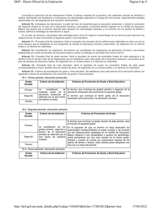 DOF - Diario Oficial de la Federación                                                                                 Página 6 de 9



       Concluida la aplicación de las evaluaciones finales, el tiempo restante de la jornada y del calendario escolar se dedicará a
   realizar actividades que fortalezcan y enriquezcan los aprendizajes adquiridos a lo largo del ciclo escolar, especialmente aquellas
   relacionadas con las asignaturas que requieran reforzamiento.
       Artículo 10.- Estrategias de intervención: A partir del mes de noviembre para la educación preescolar, o desde la conclusión
   del segundo bloque en el caso de la educación primaria y secundaria, el docente deberá registrar en la Cartilla de Educación
   Básica, los apoyos que el alumno requiera para alcanzar los aprendizajes previstos y en acuerdo con los padres de familia o
   tutores, definirá la estrategia de intervención a seguir.
       En el caso de primaria y secundaria esta estrategia tiene como fin mejorar el aprendizaje de los alumnos para disminuir los
   riesgos de que no sean promovidos al siguiente grado o nivel educativo.
       Artículo 11.- Promedio final de asignatura: Será el resultado del promedio de las calificaciones obtenidas en cada uno de los
   cinco bloques que se establecen en los programas de estudio de educación primaria y secundaria. Se registrará con un número
   entero y un decimal sin redondear.
      Artículo 12.- Acreditación de asignatura: Se tendrán por acreditadas las asignaturas de educación primaria y secundaria
   establecidas en el plan de estudios de educación básica cuando se obtenga un promedio final mínimo de 6.0.
       Artículo 13.- Promedio final de grado escolar: Será el resultado de sumar los promedios finales de cada asignatura y de
   dividirlo entre el número total de las asignaturas que se establecen para cada grado de la educación primaria y secundaria en el
   plan de estudios de educación básica. Se registrará con un número entero y un decimal sin redondear.
       Artículo 14.- Promedio final de nivel educativo: Será el resultado de sumar los promedios finales de cada grado
   correspondientes al nivel y dividirlo entre el número de éstos. Se registrará con un número entero y un decimal sin redondear.
       Artículo 15.- Criterios de acreditación de grado o nivel educativo: Se establecen para cada periodo de la educación básica, los
   siguientes criterios de acreditación y de promoción de grado o nivel educativo:
      15.1.- Primer periodo: educación preescolar.
         Grado           Criterio de Acreditación         Criterios de Promoción de Grado y Nivel Educativo
         Escolar

         Primero        La     acreditación     de    El alumno que concluya los grados primero o segundo de la
                        cualquier grado de la         educación preescolar será promovido al siguiente grado.
                        educación preescolar se
         Segundo                                      El alumno que concluya el tercer grado de la educación
                        obtendrá por el solo hecho
                                                      preescolar será promovido a la educación primaria.
                        de haberlo cursado.
         Tercero


      15.2.- Segundo periodo: educación primaria.
         Grado           Criterio de Acreditación                   Criterios de Promoción de Grado
         Escolar

                                                      El alumno que concluya un grado escolar de este periodo, será
                                                      promovido al siguiente grado.
         Primero
                        La acreditación de los        En el supuesto de que un alumno no haya alcanzado los
                        grados primero, segundo y     aprendizajes correspondientes al grado cursado y de acuerdo
                        tercero de la educación       con las observaciones señaladas en la Cartilla de Educación
                        primaria se obtendrá por el   Básica respecto a las necesidades y apoyos de aprendizaje,
         Segundo        solo hecho de haberlos        podrá permanecer por otro ciclo escolar en el mismo grado,
                        cursado.                      siempre y cuando se cuente con autorización expresa de los
                                                      padres de familia o tutores. Esta medida podrá adoptarse una
         Tercero                                      sola vez a lo largo del periodo.
      15.3.- Tercer periodo: educación primaria.
         Grado           Criterio de Acreditación         Criterios de Promoción de Grado y Nivel Educativo
         Escolar




http://dof.gob.mx/nota_detalle.php?codigo=5264634&fecha=17/08/2012&print=true                                            17/08/2012
 