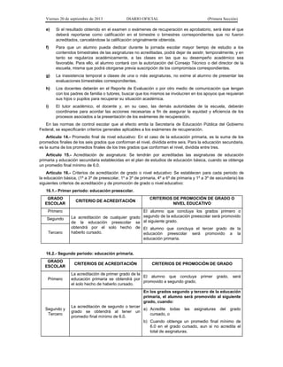 Viernes 20 de septiembre de 2013 DIARIO OFICIAL (Primera Sección)
e) Si el resultado obtenido en el examen o exámenes de recuperación es aprobatorio, será éste el que
deberá reportarse como calificación en el bimestre o bimestres correspondientes que no fueron
acreditados, cancelándose la calificación originalmente obtenida.
f) Para que un alumno pueda dedicar durante la jornada escolar mayor tiempo de estudio a los
contenidos bimestrales de las asignaturas no acreditadas, podrá dejar de asistir, temporalmente, y en
tanto se regulariza académicamente, a las clases en las que su desempeño académico sea
favorable. Para ello, el alumno contará con la autorización del Consejo Técnico o del director de la
escuela, misma que podrá otorgarse previa suscripción de los compromisos correspondientes.
g) La inasistencia temporal a clases de una o más asignaturas, no exime al alumno de presentar las
evaluaciones bimestrales correspondientes.
h) Los docentes deberán en el Reporte de Evaluación o por otro medio de comunicación que tengan
con los padres de familia o tutores, buscar que los mismos se involucren en los apoyos que requieran
sus hijos o pupilos para recuperar su situación académica.
i) El tutor académico, el docente y, en su caso, las demás autoridades de la escuela, deberán
coordinarse para acordar las acciones necesarias a fin de asegurar la equidad y eficiencia de los
procesos asociados a la presentación de los exámenes de recuperación.
En las normas de control escolar que al efecto emita la Secretaría de Educación Pública del Gobierno
Federal, se especificarán criterios generales aplicables a los exámenes de recuperación.
Artículo 14.- Promedio final de nivel educativo: En el caso de la educación primaria, es la suma de los
promedios finales de los seis grados que conforman el nivel, dividida entre seis. Para la educación secundaria,
es la suma de los promedios finales de los tres grados que conforman el nivel, dividida entre tres.
Artículo 15.- Acreditación de asignatura: Se tendrán por acreditadas las asignaturas de educación
primaria y educación secundaria establecidas en el plan de estudios de educación básica, cuando se obtenga
un promedio final mínimo de 6.0.
Artículo 16.- Criterios de acreditación de grado o nivel educativo: Se establecen para cada periodo de
la educación básica, (1º a 3º de preescolar, 1º a 3º de primaria, 4º a 6º de primaria y 1º a 3º de secundaria) los
siguientes criterios de acreditación y de promoción de grado o nivel educativo:
16.1.- Primer periodo: educación preescolar.
GRADO
ESCOLAR
CRITERIO DE ACREDITACIÓN
CRITERIOS DE PROMOCIÓN DE GRADO O
NIVEL EDUCATIVO
Primero
La acreditación de cualquier grado
de la educación preescolar se
obtendrá por el solo hecho de
haberlo cursado.
El alumno que concluya los grados primero o
segundo de la educación preescolar será promovido
al siguiente grado.
El alumno que concluya el tercer grado de la
educación preescolar será promovido a la
educación primaria.
Segundo
Tercero
16.2.- Segundo periodo: educación primaria.
GRADO
ESCOLAR
CRITERIOS DE ACREDITACIÓN CRITERIOS DE PROMOCIÓN DE GRADO
Primero
La acreditación de primer grado de la
educación primaria se obtendrá por
el solo hecho de haberlo cursado.
El alumno que concluya primer grado, será
promovido a segundo grado.
Segundo y
Tercero
La acreditación de segundo o tercer
grado se obtendrá al tener un
promedio final mínimo de 6.0.
En los grados segundo y tercero de la educación
primaria, el alumno será promovido al siguiente
grado, cuando:
a) Acredite todas las asignaturas del grado
cursado, o
b) Cuando obtenga un promedio final mínimo de
6.0 en el grado cursado, aun si no acredita el
total de asignaturas.
 