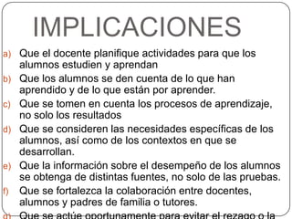 IMPLICACIONES
a) Que el docente planifique actividades para que los

b)
c)

d)

e)
f)

alumnos estudien y aprendan
Que los alumnos se den cuenta de lo que han
aprendido y de lo que están por aprender.
Que se tomen en cuenta los procesos de aprendizaje,
no solo los resultados
Que se consideren las necesidades específicas de los
alumnos, así como de los contextos en que se
desarrollan.
Que la información sobre el desempeño de los alumnos
se obtenga de distintas fuentes, no solo de las pruebas.
Que se fortalezca la colaboración entre docentes,
alumnos y padres de familia o tutores.

 