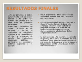 RESULTADOS FINALES
A fin de garantizar el debido
cumplimiento del calendario
escolar y de evitar que
durante los últimos días de
cada ciclo se presenten
situaciones de
ausentismo, suspensión de
clases, inactividad en las
escuelas o incluso la
realización de actividades
distintas a las contenidas en
el plan y programas de
estudio, las instituciones
educativas, públicas y
particulares con autorización
deberán sujetarse a lo
siguiente:
 De 3° de primaria a 3° de secundaria se
aplicará un examen final para calificar el
quinto bimestre.
 El examen final podrá ser elaborado por el
Consejo Técnico Escolar, de Zona o la
autoridad educativa local. Se hará con
preguntas abiertas que muestren los
aprendizajes más relevantes de los
alumnos, respecto a la totalidad de las
asignaturas cursadas.
 La calificación de éste examen , el promedio
de grado y, en su caso, el promedio del nivel
educativo serán entregados por los docentes
a la dirección de la escuela y comunicados a
los padres de familia a más tardar el último
día del ciclo escolar.
 