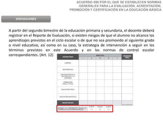 ACUERDO 696 POR EL QUE SE ESTABLECEN NORMAS
GENERALES PARA LA EVALUACIÓN, ACREDITACIÓN,
PROMOCIÓN Y CERTIFICACIÓN EN LA EDUCACIÓN BÁSICA
DISPOSICIONES
A partir del segundo bimestre de la educación primaria y secundaria, el docente deberá
registrar en el Reporte de Evaluación, si existen riesgos de que el alumno no alcance los
aprendizajes previstos en el ciclo escolar o de que no sea promovido al siguiente grado
o nivel educativo, así como en su caso, la estrategia de intervención a seguir en los
términos previstos en este Acuerdo y en las normas de control escolar
correspondientes. (Art. 12)
 