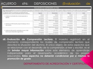ACUERDO 696: DISPOSICIONES (Evaluación de
Comprensión Lectora)
DEPARTAMENTO DE ACREDITACIÓN Y CERTIFICACIÓN
68.- Evaluació...