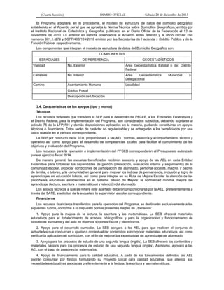 (Cuarta Sección) DIARIO OFICIAL Sábado 28 de diciembre de 2013
El Programa adoptará, en lo procedente, el modelo de estructura de datos del domicilio geográfico
establecido en el Acuerdo por el que se aprueba la Norma Técnica sobre Domicilios Geográficos, emitido por
el Instituto Nacional de Estadística y Geografía, publicado en el Diario Oficial de la Federación el 12 de
noviembre de 2010. Lo anterior en estricta observancia al Acuerdo antes referido y al oficio circular con
números 801.1.-279 y SSFP/400/124/2010 emitido por las Secretarías de Hacienda y Crédito Público y de la
Función Pública, respectivamente.
Los componentes que integran el modelo de estructura de datos del Domicilio Geográfico son:
COMPONENTES
ESPACIALES DE REFERENCIA GEOESTADÍSTICOS
Vialidad No. Exterior Área Geoestadística Estatal o del Distrito
Federal
Carretera No. Interior Área Geoestadística Municipal o
Delegacional
Camino Asentamiento Humano Localidad
Código Postal
Descripción de Ubicación
3.4. Características de los apoyos (tipo y monto)
Técnicos
Los recursos federales que transfiere la SEP para el desarrollo del PFCEB, a las Entidades Federativas y
el Distrito Federal, para la implementación del Programa, son considerados subsidios, debiendo sujetarse al
artículo 75 de la LFPyRH y demás disposiciones aplicables en la materia, pudiendo constituirse en apoyos
técnicos o financieros. Éstos serán de carácter no regularizable y se entregarán a los beneficiados por una
única ocasión en el periodo correspondiente.
La SEP por conducto de la SEB, proporcionará a las AEL, normas, asesoría y acompañamiento técnico y
operativo así como apoyo para el desarrollo de competencias locales para facilitar el cumplimiento de los
objetivos y evaluación del Programa.
Los recursos para la operación e implementación del PFCEB corresponderán al Presupuesto autorizado
para el ejercicio fiscal 2014.
De manera general, las escuelas beneficiadas recibirán asesoría y apoyo de las AEL en cada Entidad
Federativa para fortalecer las capacidades de gestión (planeación, evaluación interna y seguimiento) de la
comunidad escolar, propiciar condiciones de participación del alumnado, personal docente, madres y padres
de familia, o tutores, y la comunidad en general para mejorar los índices de permanencia, inclusión y logro de
aprendizajes en educación básica, así como para integrar en su Ruta de Mejora Escolar la atención de las
prioridades educativas establecidas en el Sistema Básico de Mejora: la normalidad mínima, mejora del
aprendizaje (lectura, escritura y matemáticas) y retención del alumnado.
Los apoyos técnicos a que se refiere este apartado deberán proporcionarse por la AEL, preferentemente a
través del SATE, a solicitud de la escuela o la supervisión escolar correspondiente.
Financieros
Los recursos financieros transferidos para la operación del Programa, se destinarán exclusivamente a los
siguientes rubros, conforme a lo dispuesto por las presentes Reglas de Operación:
1. Apoyo para la mejora de la lectura, la escritura y las matemáticas. La SEB ofrecerá materiales
educativos para el fortalecimiento de acervos bibliográficos y para la organización y funcionamiento de
bibliotecas escolares y del aula en diversos soportes físicos y electrónicos.
2. Apoyo para el desarrollo curricular. La SEB apoyará a las AEL para que realicen el conjunto de
actividades que conduzcan a ajustar o contextualizar contenidos e incorporar materiales educativos, así como
verificar la aplicación del currículum, con el fin de mejorar las expectativas de aprendizaje del alumnado.
3. Apoyo para los procesos de estudio de una segunda lengua (inglés). La SEB ofrecerá los contenidos y
materiales básicos para los procesos de estudio de una segunda lengua (inglés). Asimismo, apoyará a las
AEL con el pago de asesores/as externos/as.
4. Apoyo de financiamiento para la calidad educativa. A partir de los Lineamientos definidos las AEL
podrán concursar por fondos formulando su Proyecto Local para calidad educativa, que atienda sus
necesidades educativas asociadas preferentemente a la lectura, la escritura y las matemáticas.
 
