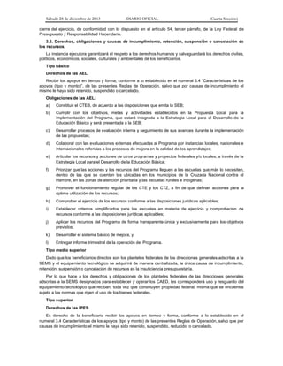 Sábado 28 de diciembre de 2013 DIARIO OFICIAL (Cuarta Sección)
cierre del ejercicio, de conformidad con lo dispuesto en el artículo 54, tercer párrafo, de la Ley Federal de
Presupuesto y Responsabilidad Hacendaria.
3.5. Derechos, obligaciones y causas de incumplimiento, retención, suspensión o cancelación de
los recursos.
La instancia ejecutora garantizará el respeto a los derechos humanos y salvaguardará los derechos civiles,
políticos, económicos, sociales, culturales y ambientales de los beneficiarios.
Tipo básico
Derechos de las AEL:
Recibir los apoyos en tiempo y forma, conforme a lo establecido en el numeral 3.4 “Características de los
apoyos (tipo y monto)”, de las presentes Reglas de Operación, salvo que por causas de incumplimiento el
mismo le haya sido retenido, suspendido o cancelado.
Obligaciones de las AEL:
a) Constituir el CTEB, de acuerdo a las disposiciones que emita la SEB;
b) Cumplir con los objetivos, metas y actividades establecidos en la Propuesta Local para la
implementación del Programa, que estará integrada a la Estrategia Local para el Desarrollo de la
Educación Básica y será presentada a la SEB;
c) Desarrollar procesos de evaluación interna y seguimiento de sus avances durante la implementación
de las propuestas;
d) Colaborar con las evaluaciones externas efectuadas al Programa por instancias locales, nacionales e
internacionales referidas a los procesos de mejora en la calidad de los aprendizajes;
e) Articular los recursos y acciones de otros programas y proyectos federales y/o locales, a través de la
Estrategia Local para el Desarrollo de la Educación Básica;
f) Priorizar que las acciones y los recursos del Programa lleguen a las escuelas que más lo necesiten,
dentro de las que se cuentan las ubicadas en los municipios de la Cruzada Nacional contra el
Hambre, en las zonas de atención prioritaria y las escuelas rurales e indígenas;
g) Promover el funcionamiento regular de los CTE y los CTZ, a fin de que definan acciones para la
óptima utilización de los recursos;
h) Comprobar el ejercicio de los recursos conforme a las disposiciones jurídicas aplicables;
i) Establecer criterios simplificados para las escuelas en materia de ejercicio y comprobación de
recursos conforme a las disposiciones jurídicas aplicables;
j) Aplicar los recursos del Programa de forma transparente única y exclusivamente para los objetivos
previstos;
k) Desarrollar el sistema básico de mejora, y
l) Entregar informe trimestral de la operación del Programa.
Tipo medio superior
Dado que los beneficiarios directos son los planteles federales de las direcciones generales adscritas a la
SEMS y el equipamiento tecnológico se adquirirá de manera centralizada, la única causa de incumplimiento,
retención, suspensión o cancelación de recursos es la insuficiencia presupuestaría.
Por lo que hace a los derechos y obligaciones de los planteles federales de las direcciones generales
adscritas a la SEMS designados para establecer y operar los CAED, les corresponderá uso y resguardo del
equipamiento tecnológico que reciban, toda vez que constituyen propiedad federal, misma que se encuentra
sujeta a las normas que rigen el uso de los bienes federales.
Tipo superior
Derechos de las IPES:
Es derecho de la beneficiaria recibir los apoyos en tiempo y forma, conforme a lo establecido en el
numeral 3.4 Características de los apoyos (tipo y monto) de las presentes Reglas de Operación, salvo que por
causas de incumplimiento el mismo le haya sido retenido, suspendido, reducido o cancelado.
 