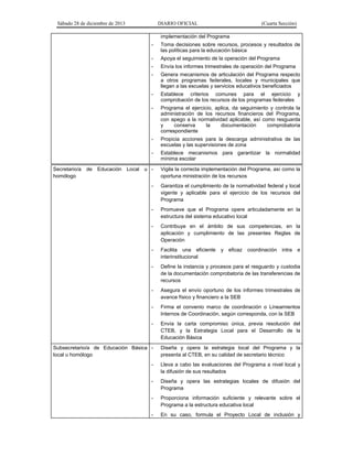 Sábado 28 de diciembre de 2013 DIARIO OFICIAL (Cuarta Sección)
implementación del Programa
- Toma decisiones sobre recursos, procesos y resultados de
las políticas para la educación básica
- Apoya el seguimiento de la operación del Programa
- Envía los informes trimestrales de operación del Programa
- Genera mecanismos de articulación del Programa respecto
a otros programas federales, locales y municipales que
llegan a las escuelas y servicios educativos beneficiados
- Establece criterios comunes para el ejercicio y
comprobación de los recursos de los programas federales
- Programa el ejercicio, aplica, da seguimiento y controla la
administración de los recursos financieros del Programa,
con apego a la normatividad aplicable, así como resguarda
y conserva la documentación comprobatoria
correspondiente
- Propicia acciones para la descarga administrativa de las
escuelas y las supervisiones de zona
- Establece mecanismos para garantizar la normalidad
mínima escolar
Secretario/a de Educación Local u
homólogo
- Vigila la correcta implementación del Programa, así como la
oportuna ministración de los recursos
- Garantiza el cumplimiento de la normatividad federal y local
vigente y aplicable para el ejercicio de los recursos del
Programa
- Promueve que el Programa opere articuladamente en la
estructura del sistema educativo local
- Contribuye en el ámbito de sus competencias, en la
aplicación y cumplimiento de las presentes Reglas de
Operación
- Facilita una eficiente y eficaz coordinación intra e
interinstitucional
- Define la instancia y procesos para el resguardo y custodia
de la documentación comprobatoria de las transferencias de
recursos
- Asegura el envío oportuno de los informes trimestrales de
avance físico y financiero a la SEB
- Firma el convenio marco de coordinación o Lineamientos
Internos de Coordinación, según corresponda, con la SEB
- Envía la carta compromiso única, previa resolución del
CTEB, y la Estrategia Local para el Desarrollo de la
Educación Básica
Subsecretario/a de Educación Básica
local u homólogo
- Diseña y opera la estrategia local del Programa y la
presenta al CTEB, en su calidad de secretario técnico
- Lleva a cabo las evaluaciones del Programa a nivel local y
la difusión de sus resultados
- Diseña y opera las estrategias locales de difusión del
Programa
- Proporciona información suficiente y relevante sobre el
Programa a la estructura educativa local
- En su caso, formula el Proyecto Local de inclusión y
 