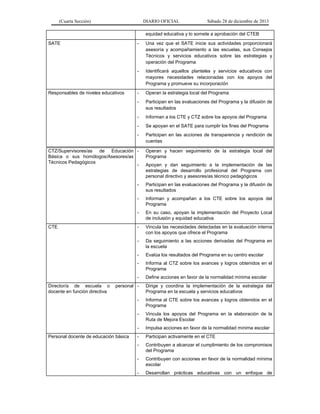 (Cuarta Sección) DIARIO OFICIAL Sábado 28 de diciembre de 2013
equidad educativa y lo somete a aprobación del CTEB
SATE - Una vez que el SATE inicie sus actividades proporcionará
asesoría y acompañamiento a las escuelas, sus Consejos
Técnicos y servicios educativos sobre las estrategias y
operación del Programa
- Identificará aquellos planteles y servicios educativos con
mayores necesidades relacionadas con los apoyos del
Programa y promueve su incorporación
Responsables de niveles educativos - Operan la estrategia local del Programa
- Participan en las evaluaciones del Programa y la difusión de
sus resultados
- Informan a los CTE y CTZ sobre los apoyos del Programa
- Se apoyan en el SATE para cumplir los fines del Programa
- Participan en las acciones de transparencia y rendición de
cuentas
CTZ/Supervisores/as de Educación
Básica o sus homólogos/Asesores/as
Técnicos Pedagógicos
- Operan y hacen seguimiento de la estrategia local del
Programa
- Apoyan y dan seguimiento a la implementación de las
estrategias de desarrollo profesional del Programa con
personal directivo y asesores/as técnico pedagógicos
- Participan en las evaluaciones del Programa y la difusión de
sus resultados
- Informan y acompañan a los CTE sobre los apoyos del
Programa
- En su caso, apoyan la implementación del Proyecto Local
de inclusión y equidad educativa
CTE - Vincula las necesidades detectadas en la evaluación interna
con los apoyos que ofrece el Programa
- Da seguimiento a las acciones derivadas del Programa en
la escuela
- Evalúa los resultados del Programa en su centro escolar
- Informa al CTZ sobre los avances y logros obtenidos en el
Programa
- Define acciones en favor de la normalidad mínima escolar
Director/a de escuela o personal
docente en función directiva
- Dirige y coordina la implementación de la estrategia del
Programa en la escuela y servicios educativos
- Informa al CTE sobre los avances y logros obtenidos en el
Programa
- Vincula los apoyos del Programa en la elaboración de la
Ruta de Mejora Escolar
- Impulsa acciones en favor de la normalidad mínima escolar
Personal docente de educación básica - Participan activamente en el CTE
- Contribuyen a alcanzar el cumplimiento de los compromisos
del Programa
- Contribuyen con acciones en favor de la normalidad mínima
escolar
- Desarrollan prácticas educativas con un enfoque de
 