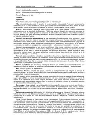 Sábado 28 de diciembre de 2013 DIARIO OFICIAL (Cuarta Sección)
Anexo 1. Modelo de Convocatoria
Anexo 2. Modelo de convenio de asignación de recursos
Anexo 3. Diagrama de flujo
Glosario
Tipo básico
Para efectos de las presentes Reglas de Operación, se entenderá por:
AEL: Autoridad educativa local. Al ejecutivo de cada uno de los estados de la Federación, así como a las
entidades que, en su caso, establezcan para el ejercicio de la función social educativa. Para efectos de estas
reglas quedará incluida la Administración Federal de Servicios Educativos en el Distrito Federal.
AFSEDF: Administración Federal de Servicios Educativos en el Distrito Federal. Órgano administrativo
desconcentrado de la Secretaría de Educación Pública del gobierno federal, con autonomía técnica y de
gestión, que tiene por objeto prestar los servicios de educación inicial, básica, incluyendo la indígena,
migrante, especial, así como la normal y demás para la formación de personal docente de educación básica
en el ámbito del Distrito Federal.
Alumno/a con aptitudes sobresalientes: el que destaca significativamente del grupo educativo y social
al que pertenece en uno o más de los siguientes campos del quehacer humano: científico-tecnológico,
humanístico-social, artístico y/o de acción motriz. Este alumnado tiene necesidades específicas y algunos de
ellos pueden requerir de apoyos educativos complementarios, dependiendo del contexto y de la atención
educativa que se les brinde, para potenciar sus capacidades y satisfacer sus necesidades e intereses.
Alumno/a con discapacidad: el que tiene una deficiencia física, motriz, intelectual, mental y/o sensorial
(auditiva o visual), de naturaleza permanente o temporal, que limita su capacidad para ejercer una o más
actividades de la vida diaria, y puede ser agravada por el entorno económico y social. Algunos de estos
alumnos/as pueden requerir de apoyos educativos complementarios, dependiendo del contexto y de la
atención educativa que se les brinde.
Alumno/a con necesidades educativas especiales: el que tiene, dependiendo del contexto y de la
atención educativa que se le brinde, un desempeño escolar significativamente distinto en relación con sus
compañeros de grupo, por lo que puede requerir que se incorporen a su proceso educativo distintos recursos
y apoyos educativos. Para ello, es necesario realizar los ajustes razonables, para favorecer el logro de sus
aprendizajes, su participación y convivencia.
Apoyos específicos: son recursos y estrategias diversas que permiten que el alumnado reciba una
atención educativa con equidad, de acuerdo a sus condiciones, necesidades, intereses y potencialidades.
ASF: Auditoría Superior de la Federación.
Asistencia Técnica: conjunto de apoyos, asesoría y acompañamiento que integran el servicio de
asistencia técnica y se brindan al personal docente, directivo y de supervisión escolar para mejorar la práctica
profesional y la eficacia de las escuelas.
ATP: Asesor/a técnico pedagógico. Es el personal docente con funciones de asesoría técnica pedagógica,
cuya responsabilidad es brindar apoyos complementarios a la labor docente y constituirse en un agente de
mejora de la calidad de la educación para las escuelas a partir de las funciones de naturaleza técnico
pedagógica que la autoridad local le asigne. Para los servicios de educación indígena se considera la atención
de la diversidad lingüística, social y cultural.
Barreras para el aprendizaje y la participación: son todos aquellos factores del contexto que dificultan o
limitan el pleno acceso a la educación y a las oportunidades de aprendizaje de niñas, niños y jóvenes.
Aparecen en relación con su interacción en los diferentes contextos: social, político, económico, institucional y
cultural.
Carta compromiso única: oficio de las AEL dirigido a la Secretaría de Educación Pública del gobierno
federal, con atención a la Subsecretaría de Educación Básica de la SEP, donde expresa su compromiso de
participar en el Programa, así como en otros programas sujetos a Reglas de Operación de la referida
Subsecretaría.
CEPS: Consejo Escolar de Participación Social o equivalente. Órgano colegiado constituido en cada
escuela pública de educación básica, integrado con madres y padres de familia, o tutores, y representantes de
sus asociaciones, personal docente y representantes de su organización sindical, de conformidad con lo
dispuesto en el artículo 69 de la Ley General de Educación y con apego a lo dispuesto en los acuerdos 280
por el que se establecen los Lineamientos Generales a los que se ajustarán la constitución y el
funcionamiento de los Consejos de Participación Social en la Educación y 535 por el que se emiten los
Lineamientos Generales para la operación de los Consejos Escolares de Participación Social, publicados en el
Diario Oficial de la Federación el 4 de agosto de 2000 y el 8 de junio de 2010, respectivamente, y demás
lineamientos que, en la materia, fije la Secretaría de Educación Pública del gobierno federal.
 