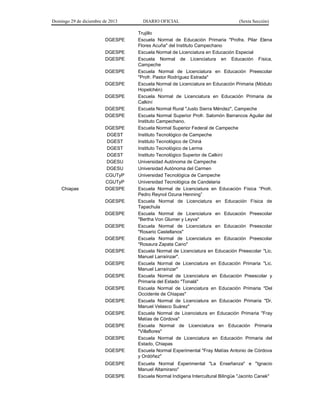 Domingo 29 de diciembre de 2013 DIARIO OFICIAL (Sexta Sección) 
Trujillo 
DGESPE 
Escuela Normal de Educación Primaria "Profra. Pilar Elena Flores Acuña" del Instituto Campechano 
DGESPE 
Escuela Normal de Licenciatura en Educación Especial 
DGESPE 
Escuela Normal de Licenciatura en Educación Física, Campeche 
DGESPE 
Escuela Normal de Licenciatura en Educación Preescolar "Profr. Pastor Rodríguez Estrada" 
DGESPE 
Escuela Normal de Licenciatura en Educación Primaria (Módulo Hopelchén) 
DGESPE 
Escuela Normal de Licenciatura en Educación Primaria de Calkiní 
DGESPE 
Escuela Normal Rural "Justo Sierra Méndez", Campeche 
DGESPE 
Escuela Normal Superior Profr. Salomón Barrancos Aguilar del Instituto Campechano. 
DGESPE 
Escuela Normal Superior Federal de Campeche 
DGEST 
Instituto Tecnológico de Campeche 
DGEST 
Instituto Tecnológico de Chiná 
DGEST 
Instituto Tecnológico de Lerma 
DGEST 
Instituto Tecnológico Superior de Calkiní 
DGESU 
Universidad Autónoma de Campeche 
DGESU 
Universidad Autónoma del Carmen 
CGUTyP 
Universidad Tecnológica de Campeche 
CGUTyP 
Universidad Tecnológica de Candelaria 
Chiapas 
DGESPE 
Escuela Normal de Licenciatura en Educación Física “Profr. Pedro Reynol Ozuna Henning” 
DGESPE 
Escuela Normal de Licenciatura en Educación Física de Tapachula 
DGESPE 
Escuela Normal de Licenciatura en Educación Preescolar "Bertha Von Glumer y Leyva" 
DGESPE 
Escuela Normal de Licenciatura en Educación Preescolar "Rosario Castellanos" 
DGESPE 
Escuela Normal de Licenciatura en Educación Preescolar "Rosaura Zapata Cano" 
DGESPE 
Escuela Normal de Licenciatura en Educación Preescolar "Lic. Manuel Larraínzar". 
DGESPE 
Escuela Normal de Licenciatura en Educación Primaria "Lic. Manuel Larraínzar" 
DGESPE 
Escuela Normal de Licenciatura en Educación Preescolar y Primaria del Estado "Tonalá" 
DGESPE 
Escuela Normal de Licenciatura en Educación Primaria "Del Occidente de Chiapas" 
DGESPE 
Escuela Normal de Licenciatura en Educación Primaria "Dr. Manuel Velasco Suárez" 
DGESPE 
Escuela Normal de Licenciatura en Educación Primaria "Fray Matías de Córdova" 
DGESPE 
Escuela Normal de Licenciatura en Educación Primaria "Villaflores" 
DGESPE 
Escuela Normal de Licenciatura en Educación Primaria del Estado, Chiapas 
DGESPE 
Escuela Normal Experimental "Fray Matías Antonio de Córdova y Ordóñez" 
DGESPE 
Escuela Normal Experimental "La Enseñanza" e "Ignacio Manuel Altamirano" 
DGESPE 
Escuela Normal Indígena Intercultural Bilingüe "Jacinto Canek"  