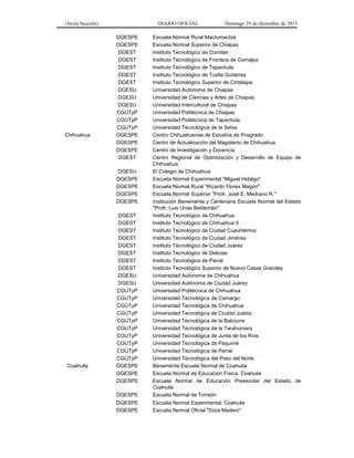 (Sexta Sección) DIARIO OFICIAL Domingo 29 de diciembre de 2013 
DGESPE 
Escuela Normal Rural Mactumactzá 
DGESPE 
Escuela Normal Superior de Chiapas 
DGEST 
Instituto Tecnológico de Comitán 
DGEST 
Instituto Tecnológico de Frontera de Comalpa 
DGEST 
Instituto Tecnológico de Tapachula 
DGEST 
Instituto Tecnológico de Tuxtla Gutiérrez 
DGEST 
Instituto Tecnológico Superior de Cintalapa 
DGESU 
Universidad Autónoma de Chiapas 
DGESU 
Universidad de Ciencias y Artes de Chiapas 
DGESU 
Universidad Intercultural de Chiapas 
CGUTyP 
Universidad Politécnica de Chiapas 
CGUTyP 
Universidad Politécnica de Tapachula 
CGUTyP 
Universidad Tecnológica de la Selva 
Chihuahua 
DGESPE 
Centro Chihuahuense de Estudios de Posgrado 
DGESPE 
Centro de Actualización del Magisterio de Chihuahua 
DGESPE 
Centro de Investigación y Docencia 
DGEST 
Centro Regional de Optimización y Desarrollo de Equipo de Chihuahua 
DGESU 
El Colegio de Chihuahua 
DGESPE 
Escuela Normal Experimental "Miguel Hidalgo" 
DGESPE 
Escuela Normal Rural "Ricardo Flores Magón" 
DGESPE 
Escuela Normal Superior "Profr. José E. Medrano R." 
DGESPE 
Institución Benemérita y Centenaria Escuela Normal del Estado "Profr. Luis Urías Belderráin" 
DGEST 
Instituto Tecnológico de Chihuahua 
DGEST 
Instituto Tecnológico de Chihuahua II 
DGEST 
Instituto Tecnológico de Ciudad Cuauhtémoc 
DGEST 
Instituto Tecnológico de Ciudad Jiménez 
DGEST 
Instituto Tecnológico de Ciudad Juárez 
DGEST 
Instituto Tecnológico de Delicias 
DGEST 
Instituto Tecnológico de Parral 
DGEST 
Instituto Tecnológico Superior de Nuevo Casas Grandes 
DGESU 
Universidad Autónoma de Chihuahua 
DGESU 
Universidad Autónoma de Ciudad Juárez 
CGUTyP 
Universidad Politécnica de Chihuahua 
CGUTyP 
Universidad Tecnológica de Camargo 
CGUTyP 
Universidad Tecnológica de Chihuahua 
CGUTyP 
Universidad Tecnológica de Ciudad Juárez 
CGUTyP 
Universidad Tecnológica de la Babícora 
CGUTyP 
Universidad Tecnológica de la Tarahumara 
CGUTyP 
Universidad Tecnológica de Junta de los Ríos 
CGUTyP 
Universidad Tecnológica de Paquimé 
CGUTyP 
Universidad Tecnológica de Parral 
CGUTyP 
Universidad Tecnológica del Paso del Norte 
Coahuila 
DGESPE 
Benemérita Escuela Normal de Coahuila 
DGESPE 
Escuela Normal de Educación Física, Coahuila 
DGESPE 
Escuela Normal de Educación Preescolar del Estado de Coahuila 
DGESPE 
Escuela Normal de Torreón 
DGESPE 
Escuela Normal Experimental, Coahuila 
DGESPE 
Escuela Normal Oficial "Dora Madero"  