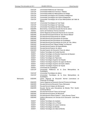 Domingo 29 de diciembre de 2013 DIARIO OFICIAL (Sexta Sección) 
CGUTyP 
Universidad Politécnica de Tulancingo 
CGUTyP 
Universidad Politécnica Francisco I. Madero 
CGUTyP 
Universidad Politécnica Metropolitana de Hidalgo 
CGUTyP 
Universidad Tecnológica de la Huasteca Hidalguense 
CGUTyP 
Universidad Tecnológica de la Sierra Hidalguense 
CGUTyP 
Universidad Tecnológica de la Zona Metropolitana del Valle de México 
CGUTyP 
Universidad Tecnológica de Tula-Tepeji 
CGUTyP 
Universidad Tecnológica de Tulancingo 
CGUTyP 
Universidad Tecnológica del Valle del Mezquital 
Jalisco 
DGESPE 
Benemérita y Centenaria Escuela Normal de Jalisco 
DGESU 
Centro de Enseñanza Técnica Industrial 
DGESPE 
Centro Regional de Educación Normal de Cd. Guzmán 
DGESPE 
Escuela Normal Experimental de "San Antonio Matute" 
DGESPE 
Escuela Normal Experimental de Colotlán. 
DGESPE 
Escuela Normal para Educadoras de Arandas 
DGESPE 
Escuela Normal para Educadoras de Guadalajara 
DGESPE 
Escuela Normal para Educadoras de Unión de Tula, Jalisco 
DGESPE 
Escuela Normal Rural "Miguel Hidalgo" de Atequiza 
DGESPE 
Escuela Normal Superior de Especialidades 
DGESPE 
Escuela Normal Superior de Jalisco 
DGESPE 
Escuela Superior de Educación Física de Jalisco 
DGEST 
Instituto Tecnológico de Ciudad Guzmán 
DGEST 
Instituto Tecnológico de Estudios Superiores de Zapopan 
DGEST 
Instituto Tecnológico de Ocotlán 
DGEST 
Instituto Tecnológico de Tlajomulco 
DGEST 
Instituto Tecnológico Superior de Chapala 
DGEST 
Instituto Tecnológico Superior de Lagos de Moreno 
DGEST 
Instituto Tecnológico Superior de Puerto Vallarta 
DGEST 
Instituto Tecnológico Superior de Tequila 
DGESU 
Universidad de Guadalajara 
CGUTyP 
Universidad Politécnica de la Zona Metropolitana de Guadalajara 
CGUTyP 
Universidad Tecnológica de Jalisco 
CGUTyP 
Universidad Tecnológica de la Zona Metropolitana de Guadalajara 
Michoacán 
DGESPE 
Centro Regional de Educación Normal Licenciatura en Preescolar de Arteaga 
DGESPE 
Centro Regional de Educación Normal Primaria de Arteaga 
DGESPE 
Escuela Normal de Educación Física, Michoacán 
DGESPE 
Escuela Normal Indígena de Michoacán 
DGESPE 
Escuela Normal para Educadoras de Morelia “Prof. Serafín Contreras Manzo” 
DGESPE 
Escuela Normal Rural "Vasco de Quiroga" 
DGESPE 
Escuela Normal Superior de Michoacán 
DGESPE 
Escuela Normal Urbana Federal “J. Jesús Romero Flores” 
DGESPE 
Instituto Michoacano de Ciencias de la Educación “José María Morelos” 
DGEST 
Instituto Tecnológico de Jiquilpan 
DGEST 
Instituto Tecnológico de La Piedad 
DGEST 
Instituto Tecnológico de Lázaro Cárdenas 
DGEST 
Instituto Tecnológico de Morelia 
DGEST 
Instituto Tecnológico de Valle de Morelia 
 