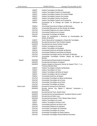 (Sexta Sección) DIARIO OFICIAL Domingo 29 de diciembre de 2013 
DGEST 
Instituto Tecnológico de Zitácuaro 
DGEST 
Instituto Tecnológico Superior de Apatzingán 
DGEST 
Instituto Tecnológico Superior de Ciudad Hidalgo 
DGEST 
Instituto Tecnológico Superior de Uruapan 
DGEST 
Instituto Tecnológico Superior de Zamora 
DGEST 
Instituto Tecnológico Superior de P'urhépecha 
DGESU 
Universidad de la Ciénega del Estado de Michoacán de Ocampo 
DGESU 
Universidad Intercultural Indígena de Michoacán 
DGESU 
Universidad Michoacana de San Nicolás de Hidalgo 
CGUTyP 
Universidad Politécnica de Lázaro Cárdenas 
CGUTyP 
Universidad Politécnica de Uruapan 
CGUTyP 
Universidad Tecnológica de Morelia 
Morelos 
DGESU 
Centro de Investigación y Docencia en Humanidades del Estado de Morelos 
DGEST 
Centro Nacional de Investigación y Desarrollo Tecnológico 
DGESPE 
Escuela Normal Rural "Gral. Emiliano Zapata" 
DGESPE 
Escuela Normal Urbana Federal Cuautla 
DGEST 
Instituto Tecnológico de Cuautla 
DGEST 
Instituto Tecnológico de Zacatepec 
DGESU 
Universidad Autónoma del Estado de Morelos 
CGUTyP 
Universidad Politécnica del Estado de Morelos 
CGUTyP 
Universidad Tecnológica del Sur del Estado de Morelos 
CGUTyP 
Universidad Tecnológica Emiliano Zapata del Estado de Morelos 
Nayarit 
DGESPE 
Escuela Normal Experimental de Acaponeta 
DGESPE 
Escuela Normal Superior de Nayarit 
DGESPE 
Instituto Estatal de Educación Normal de Nayarit "Profr. Y Lic. Francisco Benítez Silva" 
DGEST 
Instituto Tecnológico de Bahía de Banderas 
DGEST 
Instituto Tecnológico de Tepic 
DGEST 
Instituto Tecnológico del Norte de Nayarit 
DGEST 
Instituto Tecnológico del Sur de Nayarit 
DGESU 
Universidad Autónoma de Nayarit 
CGUTyP 
Universidad Tecnológica de Bahía de Banderas 
CGUTyP 
Universidad Tecnológica de la Costa 
CGUTyP 
Universidad Tecnológica de la Sierra 
CGUTyP 
Universidad Tecnológica de Nayarit 
Nuevo León 
DGESPE 
Escuela de Ciencias de la Educación 
DGESPE 
Escuela Normal "Ing. Miguel F. Martínez" Centenaria y Benemérita 
DGESPE 
Escuela Normal "Profr. Serafín Peña" 
DGESPE 
Escuela Normal de Especialización “Humberto Ramos Lozano” 
DGESPE 
Escuela Normal Pablo Livas 
DGESPE 
Escuela Normal Superior "Profr. Moisés Sáenz Garza" 
DGEST 
Instituto Tecnológico de Linares 
DGEST 
Instituto Tecnológico de Nuevo León 
DGESU 
Universidad Autónoma de Nuevo León 
CGUTyP 
Universidad Politécnica de Apodaca 
CGUTyP 
Universidad Tecnológica de Cadereyta 
CGUTyP 
Universidad Tecnológica de Linares 
CGUTyP 
Universidad Tecnológica de Santa Catarina 
CGUTyP 
Universidad Tecnológica General Mariano Escobedo 
 
