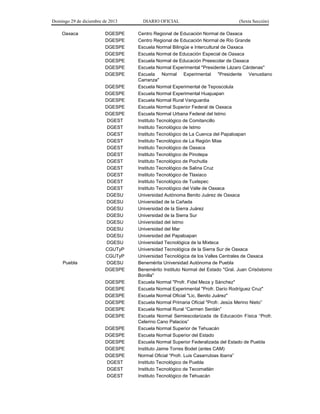 Domingo 29 de diciembre de 2013 DIARIO OFICIAL (Sexta Sección) 
Oaxaca 
DGESPE 
Centro Regional de Educación Normal de Oaxaca 
DGESPE 
Centro Regional de Educación Normal de Río Grande 
DGESPE 
Escuela Normal Bilingüe e Intercultural de Oaxaca 
DGESPE 
Escuela Normal de Educación Especial de Oaxaca 
DGESPE 
Escuela Normal de Educación Preescolar de Oaxaca 
DGESPE 
Escuela Normal Experimental "Presidente Lázaro Cárdenas" 
DGESPE 
Escuela Normal Experimental "Presidente Venustiano Carranza" 
DGESPE 
Escuela Normal Experimental de Teposcolula 
DGESPE 
Escuela Normal Experimental Huajuapan 
DGESPE 
Escuela Normal Rural Vanguardia 
DGESPE 
Escuela Normal Superior Federal de Oaxaca 
DGESPE 
Escuela Normal Urbana Federal del Istmo 
DGEST 
Instituto Tecnológico de Comitancillo 
DGEST 
Instituto Tecnológico de Istmo 
DGEST 
Instituto Tecnológico de La Cuenca del Papaloapan 
DGEST 
Instituto Tecnológico de La Región Mixe 
DGEST 
Instituto Tecnológico de Oaxaca 
DGEST 
Instituto Tecnológico de Pinotepa 
DGEST 
Instituto Tecnológico de Pochutla 
DGEST 
Instituto Tecnológico de Salina Cruz 
DGEST 
Instituto Tecnológico de Tlaxiaco 
DGEST 
Instituto Tecnológico de Tuxtepec 
DGEST 
Instituto Tecnológico del Valle de Oaxaca 
DGESU 
Universidad Autónoma Benito Juárez de Oaxaca 
DGESU 
Universidad de la Cañada 
DGESU 
Universidad de la Sierra Juárez 
DGESU 
Universidad de la Sierra Sur 
DGESU 
Universidad del Istmo 
DGESU 
Universidad del Mar 
DGESU 
Universidad del Papaloapan 
DGESU 
Universidad Tecnológica de la Mixteca 
CGUTyP 
Universidad Tecnológica de la Sierra Sur de Oaxaca 
CGUTyP 
Universidad Tecnológica de los Valles Centrales de Oaxaca 
Puebla 
DGESU 
Benemérita Universidad Autónoma de Puebla 
DGESPE 
Benemérito Instituto Normal del Estado "Gral. Juan Crisóstomo Bonilla" 
DGESPE 
Escuela Normal "Profr. Fidel Meza y Sánchez" 
DGESPE 
Escuela Normal Experimental "Profr. Darío Rodríguez Cruz" 
DGESPE 
Escuela Normal Oficial "Lic. Benito Juárez" 
DGESPE 
Escuela Normal Primaria Oficial "Profr. Jesús Merino Nieto” 
DGESPE 
Escuela Normal Rural “Carmen Serdán” 
DGESPE 
Escuela Normal Semiescolarizada de Educación Física “Profr. Celerino Cano Palacios” 
DGESPE 
Escuela Normal Superior de Tehuacán 
DGESPE 
Escuela Normal Superior del Estado 
DGESPE 
Escuela Normal Superior Federalizada del Estado de Puebla 
DGESPE 
Instituto Jaime Torres Bodet (antes CAM) 
DGESPE 
Normal Oficial “Profr. Luis Casarrubias Ibarra” 
DGEST 
Instituto Tecnológico de Puebla 
DGEST 
Instituto Tecnológico de Tecomatlán 
DGEST 
Instituto Tecnológico de Tehuacán 
 