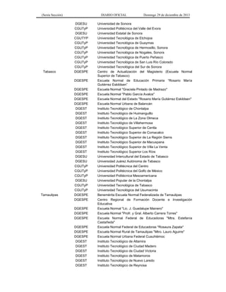 (Sexta Sección) DIARIO OFICIAL Domingo 29 de diciembre de 2013 
DGESU 
Universidad de Sonora 
CGUTyP 
Universidad Politécnica del Valle del Evora 
DGESU 
Universidad Estatal de Sonora 
CGUTYP 
Universidad Tecnológica de Etchojoa 
CGUTyP 
Universidad Tecnológica de Guaymas 
CGUTyP 
Universidad Tecnológica de Hermosillo, Sonora 
CGUTyP 
Universidad Tecnológica de Nogales, Sonora 
CGUTyP 
Universidad Tecnológica de Puerto Peñasco 
CGUTyP 
Universidad Tecnológica de San Luis Río Colorado 
CGUTyP 
Universidad Tecnológica del Sur de Sonora 
Tabasco 
DGESPE 
Centro de Actualización del Magisterio (Escuela Normal Superior de Tabasco) 
DGESPE 
Escuela Normal de Educación Primaria “Rosario María Gutiérrez Eskildsen” 
DGESPE 
Escuela Normal "Graciela Pintado de Madrazo" 
DGESPE 
Escuela Normal "Pablo García Avalos" 
DGESPE 
Escuela Normal del Estado "Rosario María Gutiérrez Eskildsen" 
DGESPE 
Escuela Normal Urbana de Balancán 
DGEST 
Instituto Tecnológico de Chontalpa 
DGEST 
Instituto Tecnológico de Huimanguillo 
DGEST 
Instituto Tecnológico de La Zona Olmeca 
DGEST 
Instituto Tecnológico de Villahermosa 
DGEST 
Instituto Tecnológico Superior de Centla 
DGEST 
Instituto Tecnológico Superior de Comacalco 
DGEST 
Instituto Tecnológico Superior de La Región Sierra 
DGEST 
Instituto Tecnológico Superior de Macuspana 
DGEST 
Instituto Tecnológico Superior de Villa La Venta 
DGEST 
Instituto Tecnológico Superior Los Ríos 
DGESU 
Universidad Intercultural del Estado de Tabasco 
DGESU 
Universidad Juárez Autónoma de Tabasco 
CGUTyP 
Universidad Politécnica del Centro 
CGUTyP 
Universidad Politécnica del Golfo de México 
CGUTyP 
Universidad Politécnica Mesoamericana 
DGESU 
Universidad Popular de la Chontalpa 
CGUTyP 
Universidad Tecnológica de Tabasco 
CGUTyP 
Universidad Tecnológica del Usumacinta 
Tamaulipas 
DGESPE 
Benemérita Escuela Normal Federalizada de Tamaulipas 
DGESPE 
Centro Regional de Formación Docente e Investigación Educativa 
DGESPE 
Escuela Normal "Lic. J. Guadalupe Mainero" 
DGESPE 
Escuela Normal "Profr. y Gral. Alberto Carrera Torres" 
DGESPE 
Escuela Normal Federal de Educadoras "Mtra. Estefanía Castañeda" 
DGESPE 
Escuela Normal Federal de Educadoras "Rosaura Zapata" 
DGESPE 
Escuela Normal Rural de Tamaulipas "Mtro. Lauro Aguirre" 
DGESPE 
Escuela Normal Urbana Federal Cuauhtémoc 
DGEST 
Instituto Tecnológico de Altamira 
DGEST 
Instituto Tecnológico de Ciudad Madero 
DGEST 
Instituto Tecnológico de Ciudad Victoria 
DGEST 
Instituto Tecnológico de Matamoros 
DGEST 
Instituto Tecnológico de Nuevo Laredo 
DGEST 
Instituto Tecnológico de Reynosa 
 