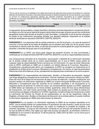 Continuación Acuerdo № 2137 de 2021 Página 9 de 20
“Por el cual se convoca y se establecen las reglas del proceso de selección para proveer los empleos en vacancia
definitiva de Directivos Docentes y Docentes pertenecientes al Sistema Especial de Carrera Docente, que prestan
su servicio en instituciones educativas oficiales que atienden población mayoritaria de la entidad territorial
certificada en educación DISTRITO CAPITAL BOGOTÁ – Proceso de Selección No. 2179 de 2021 – Directivos
Docentes y Docentes”
Empleos Cargos No. Vacantes
Total Cargos Docentes Convocados 6
La agrupación de los empleos y cargos docentes y directivos docentes dispuesta en el presente artículo,
se realiza con el fin de que el aspirante tenga la oportunidad de escoger el grupo que por las condiciones
geográficas donde está ubicado el empleo le sean favorables, y propender a que el servicio educativo
se preste en las instituciones educativas oficiales que atienden población mayoritaria en la entidad
territorial certificada en educación DISTRITO CAPITAL BOGOTÁ
PARAGRAFO 1. Los aspirantes sólo se podrán presentar a uno de los grupos, y en caso de superar el
concurso y formar parte de las listas de elegibles que se adopten para cada uno de los grupos, serán
nombrados en estricto orden de mérito, en período de prueba en la planta global de cargos de directivos
docentes o docentes del grupo para el cual participó.
PARÁGRAFO 2. La OPEC que forma parte integral del presente Acuerdo, ha sido suministrada y
certificada por la entidad territorial DISTRITO CAPITAL BOGOTÁ y es de su responsabilidad exclusiva.
Las consecuencias derivadas de la inexactitud, equivocación o falsedad de la información reportada
por la aludida entidad serán de su entera responsabilidad, por lo que la CNSC queda exenta de
cualquier clase de responsabilidad frente a terceros por tal información. En caso de existir diferencias
entre la OPEC certificada en SIMO por la entidad y el referido Manual de Funciones, Requisitos y
Competencias, prevalecerá este último, por consiguiente, la OPEC se corregirá con observancia en lo
establecido en el Manual de Funciones, Requisitos y Competencias. Así mismo, en caso de presentarse
diferencias entre dicho Manual y la ley, prevalecerán las disposiciones contenidas en la norma superior.
PARÁGRAFO 3. Es responsabilidad del Gobernador, Alcalde o el Secretario de educación, siempre
que tenga delegada la competencia de nominación, informar mediante comunicación oficial a la CNSC,
antes del inicio de la Etapa de Inscripciones de este proceso de selección, cualquier modificación que
requiera realizar a la información registrada en SIMO con ocasión del ajuste del Manual de Funciones,
Requisitos y Competencias para las vacantes de los empleos reportados o de movimientos en la
respectiva planta de personal. En todos los casos, los correspondientes ajustes a la OPEC registrada
en SIMO deben ser realizados por la misma entidad, igualmente, antes del inicio de la referida Etapa
de Inscripciones. Con esta misma oportunidad, debe realizar los ajustes que la CNSC le solicite por
imprecisiones que llegase a identificar en la OPEC registrada. Iniciada la Etapa de Inscripciones y hasta
la culminación del Período de Prueba de los posesionados en uso de las respectivas Listas de
Elegibles, el Gobernador, Alcalde o el Secretario de Educación de la entidad pública no puede modificar
la información registrada en SIMO para este proceso de selección.
PARÁGRAFO 4. Los ajustes a la información registrada en SIMO de los empleos reportados en la
OPEC, que la entidad solicite con posterioridad a la aprobación de este Acuerdo y antes de que inicie
la correspondiente Etapa de Inscripciones, los cuales no modifiquen la cantidad de empleos o de
vacantes reportadas, ni ninguna otra información contenida en los artículos del presente Acuerdo en
los que se define la OPEC o las reglas que rigen este proceso de selección, se tramitarán conforme lo
establecido en el numeral 5 del artículo 14 del Acuerdo No. CNSC-2073 de 2021 o en la norma que lo
modifique o sustituya.
 