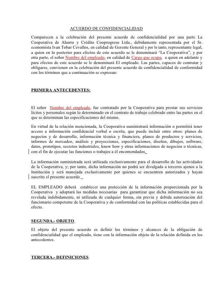 Ejemplo De Carta De Confidencialidad Para Empleados