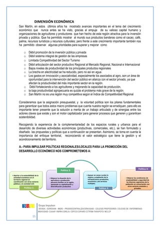 15 
Grupo Impulsor: 
DEVIDA - GORESAM – MIDIS – PRODESCENTRALIZACIÓN/USAID - COLEGIO PROFESORES- COLEGIO DE ENFERMERAS-MSH/ 
USAID- CAAAP- RNPM-COREJU- CEPCO-COPARE-CCTPSM-TARAPOTO- MCLCP 
DIMENSIÓN ECONÓMICA 
San Martín, en estos últimos años ha mostrado avances importantes en el tema del crecimiento económico que nunca antes se ha visto, gracias al empuje de su valioso capital humano y organizaciones de agricultores y productores que han hecho de esta región atractiva para la inversión privada y pública. Que ha permitido mostrar al mundo sus productos banderas como el cacao, café, palma, recursos turísticos y recursos culturales; pero frente a este crecimiento importante también nos ha permitido observar algunas prioridades para superar y mejorar como 
o Débil promoción de la inversión pública y privada 
o Débil sistema integral de gestión de las empresas 
o Limitada Competitividad del Sector Turismo 
o Débil articulación del sector productivo Regional al Mercado Regional, Nacional e Internacional 
o Bajos niveles de productividad de los principales productos regionales 
o La brecha en electricidad se ha reducido, pero no así en agua. 
o Los gastos en innovación y asociatividad, especialmente los asociados al agro, son un área de oportunidad para la intervención del sector público en alianza con el sector privado, ya que afectan la productividad del más importante sector en la región. 
o Débil fortaleciendo a los agricultores y mejorando la capacidad de producción. 
o la baja productividad agropecuaria es quizás el problema más grave de la región. 
o San Martín no es una región muy competitiva según el Índice de Competitividad Regional 
Consideramos que la asignación presupuestal, y la voluntad política son los pilares fundamentales para garantizar que todos estos macro problemas que cuenta nuestra región se erradiquen, para ello es importante tener presente que la solución a merita de un trabajo articulado y de sinergias entre los actores claves que existe y son el motor capitalizador para generar procesos que generen y garanticen sostenibilidad. 
Recogiendo la experiencia de la complementariedad de los espacios rurales y urbanos para el desarrollo de diversas actividades económicas (productivas, comerciales, etc.), se han formulado y diseñado las propuestas y políticas que a continuación se presentan. Asimismo, se toma en cuenta la importancia del enfoque territorial, reconociendo el valor estratégico que tiene la gestión y el acondicionamiento del territorio. 
A.- PARA IMPULSAR POLÍTICAS REGIONALES/LOCALES PARA LA PROMOCIÓN DEL DESARROLLO ECONÓMICO NOS COMPROMETEMOS A: 
•Aportar a la sostenibilidad de la actividad económica en el territorio regional en coordinación con otros sectores públicos y la sociedad civil. 
Política 1: 
•Mejorar la situación de la agricultura y producción pecuaria familiar en la región, apoyando su capitalización y diversificación productiva 
Política 2: 
•Apoyar en zonas rurales la mejora y ampliación de la infraestructura productiva, económica y de servicios múltiples. 
Política 3: 
•Mejorar las condiciones de empleabilidad y seguridad de los diversos segmentos de la población en concertación con otros sectores estatales y privados. 
Política 4:  
