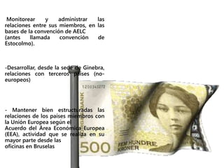 Monitorear y administrar las
relaciones entre sus miembros, en las
bases de la convención de AELC
(antes llamada convención de
Estocolmo).
-Desarrollar, desde la sede de Ginebra,
relaciones con terceros países (no-
europeos)
- Mantener bien estructuradas las
relaciones de los países miembros con
la Unión Europea según el
Acuerdo del Área Económica Europea
(EEA), actividad que se realiza en su
mayor parte desde las
oficinas en Bruselas
 