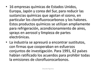 • 16 empresas químicas de Estados Unidos,
Europa, Japón y corea del Sur, para reducir las
sustancias químicas que agotan el ozono, en
particular los clorofluorocarbonos y los halones.
Estos productos químicos se utilizan ampliamente
para refrigeración, acondicionamiento de aires,
sprays en aerosol y limpieza de partes
electrónicas.
• La industria se apresuró a encontrar sustitutos,
con firmas que cooperaban en esfuerzos
conjuntos de investigación. Para 1991, 62 países
habían ratificado los acuerdos para prohibir todas
la emisiones de clorofluorocarbonos.
Eduardo Figueroa
 