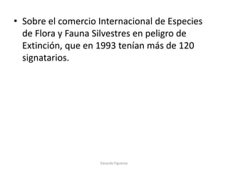 • Sobre el comercio Internacional de Especies
de Flora y Fauna Silvestres en peligro de
Extinción, que en 1993 tenían más de 120
signatarios.
Eduardo Figueroa
 