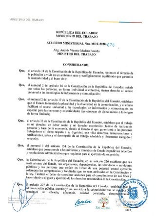 Acuerdo Ministerial MDT-2020-076 Teletrabajo Coronavirus
