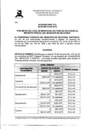 Acuerdo municipal nro. 012 del 26 de mayo de 2014