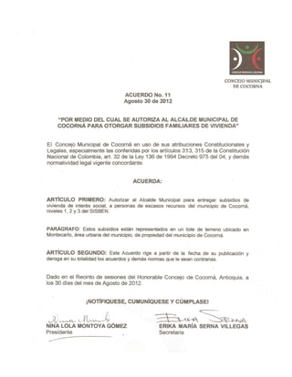 Acuerdo no. 11 de agosto 30 de 2012, facultades alcalde para otorgar subsidios de vivienda