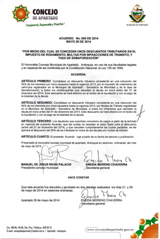 Acuerdo no. 09 de 2014 del Concejo de Apartadó