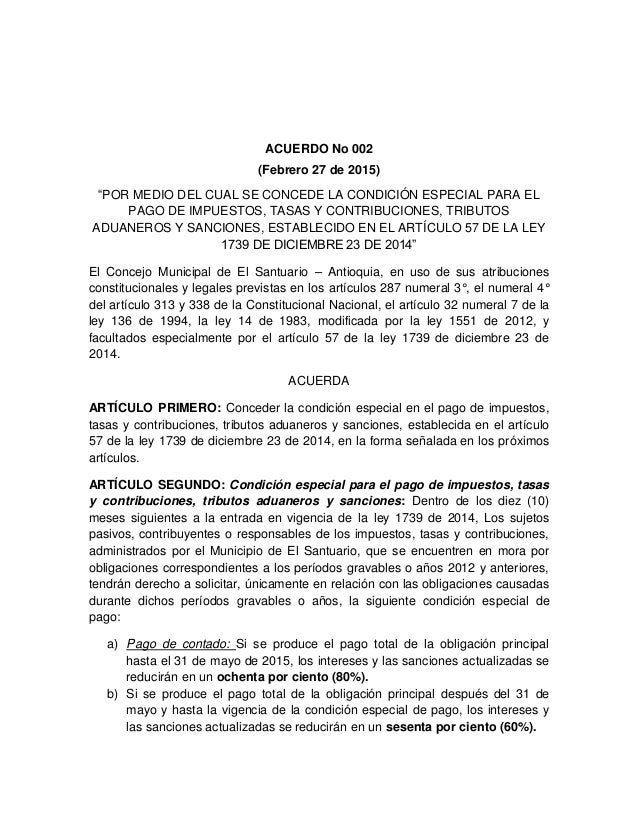 Acuerdo no 02 de 2015 condición especial de pago