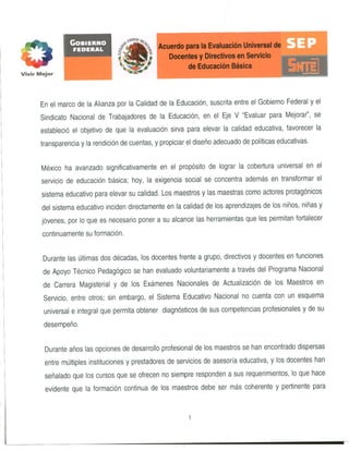 Acuerdo para la evaluaciã³n universal de docentes y directivos en servicio de educaciã³n bã¡sica