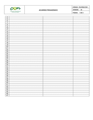 ACUERDO PEDAGÓGICO
CÓDIGO: IPA-PR02-FO01
VERSIÓN: 00
PÁGINA: 4 DE 5
4
5
6
7
8
9
10
11
12
13
14
15
16
17
18
19
20
21
22
23
24
25
26
27
28
29
30
31
32
33
34
35
36
37
38
39
40
41
42
43
44
45
46
47
 