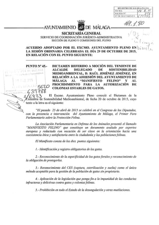 Acuerdo plenario Ayto. de Málaga aprobando adhesión Manifiesto Felino