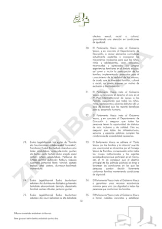 13
Bilkuran onetsitako erabakien zirriborroa.
Bere garaian behin-betiko erabakiak jarriko dira.
afectivo sexual, racial o cultural,
garantizando una atención en condiciones
de igualdad.
70. El Parlamento Vasco insta al Gobierno
Vasco, y en concreto al Departamento de
Educación, a revisar elementos curriculares
actualmente existentes e incorporar los
mecanismos necesarios para que las niñas,
niños y adolescentes, vean reflejadas,
reconocidas y apreciadas sus propias
experiencias familiares en el ámbito escolar,
así como a incluir la participación de las
familias, implementando protocolos para el
conocimiento de la realidad de las mismas,
de modo que la diversidad familiar, cultural
o racial, no pueda suponer un motivo de
exclusión o discriminación.
71. El Parlamento Vasco insta al Gobierno
Vasco, a incorporar el derecho al ocio en el
IV Plan Interinstitucional de apoyo a las
Familia, asegurando que todos los niños,
niñas, adolescentes y jóvenes disfrutan de un
ocio de calidad que les reporta beneficios
para su desarrollo humano.
72. El Parlamento Vasco insta al Gobierno
Vasco, y en concreto al Departamento de
Educación a asegurar que todas las
personas tienen la oportunidad de disfrutar
de ocio inclusivo y de calidad. Esto es,
asegurar que todas las infraestructuras,
servicios y espacios públicos cumplen las
condiciones de accesibilidad necesarias.
73. Eusko Legebiltzarrak bat egiten du "Familia
eta haurtzaroaren aldeko euskal itunarekin",
Familiaren Euskal Kontseiluak abenduan aho
batez sinatutakoa, erakunde-maila guztien
eta bertan parte hartzen duten eragile sozial
anitzen artean adostutakoa. Helburua da
lortzea politika publikoen helburu nagusia
zuzentzea pertsonek libreki familiak osatzea
erabaki ahal izatera, duintasun-baldintzak
mantenduta.
74. Eusko Legebiltzarrak Eusko Jaurlaritzari
eskatzen dio duintasunez bizitzeko gutxieneko
baliabide ekonomikoak bermatu diezazkiela
familiak osatzen dituzten pertsona guztiei.
75. Eusko Legebiltzarrak Eusko Jaurlaritzari
eskatzen dio neurri zehatzak jar eta baliabide
73. El Parlamento Vasco se adhiere al "Pacto
Vasco por las familias y la infancia" suscrito
por unanimidad en diciembre por el Consejo
Vasco de Familias, consensuado entre todos
los niveles institucionales y los agentes
sociales diversos que participan en el mismo,
con el fin de conseguir que el objetivo
principal de las políticas públicas se dirija a
favorecer las condiciones en las que las
personas puedan decidir libremente
conformar familias manteniendo condiciones
de dignidad.
74. El Parlamento Vasco insta al Gobierno Vasco
a garantizar unos recursos económicos
mínimos para vivir con dignidad a todas las
personas que conforman las familias.
75. El Parlamento Vasco insta al Gobierno Vasco
a tomar medidas concretas y establecer
 