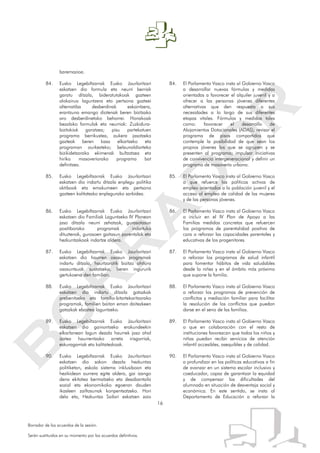 16
Borrador de los acuerdos de la sesión.
Serán sustituidos en su momento por los acuerdos definitivos.
baremazioa.
84. Eusko Legebiltzarrak Eusko Jaurlaritzari
eskatzen dio formula eta neurri berriak
garatu ditzala, bideratutakoak gazteen
alokairua laguntzera eta pertsona gazteei
alternatiba desberdinak eskaintzera,
erantzuna emango diotenak beren bizitzako
aro desberdinetako beharrei. Honakoak
bezalako formulak eta neurriak: Zuzkidura-
bizitokiak garatzea; pisu partekatuen
programa berrikustea, aukera jasotzeko
gazteak beren kasa elkartzeko eta
programan aurkezteko; belaunaldiarteko
bizikidetzarako ekimenak bultzatzea eta
hiriko masoveriarako programa bat
definitzea.
85. Eusko Legebiltzarrak Eusko Jaurlaritzari
eskatzen dio indartu ditzala enplegu politika
aktiboak eta emakumeen eta pertsona
gazteen kalitatezko enplegurako sarbidea.
86. Eusko Legebiltzarrak Eusko Jaurlaritzari
eskatzen dio Familiak Laguntzeko IV Planean
jaso ditzala neurri zehatzak, gurasotasun
positiborako programak indartuko
dituztenak, gurasoen gaitasun parentalak eta
hezkuntzakoak indartze aldera.
87. Eusko Legebiltzarrak Eusko Jaurlaritzari
eskatzen dio haurren osasun programak
indartu ditzala, haurtzarotik bizitza ohitura
osasuntsuak sustatzeko, beren ingururik
gertukoena den familian.
88. Eusko Legebiltzarrak Eusko Jaurlaritzari
eskatzen dio indartu ditzala gatazkak
prebenitzeko eta familia-bitartekaritzarako
programak, familien baitan eman daitezkeen
gatazkak ebaztea laguntzeko.
89. Eusko Legebiltzarrak Eusko Jaurlaritzari
eskatzen dio gainontzeko erakundeekin
elkarlanean lagun dezala haurrek jaso ahal
izatea haurrentzako arreta irisgarriak,
eskuragarriak eta kalitatezkoak.
90. Eusko Legebiltzarrak Eusko Jaurlaritzari
eskatzen dio sakon dezala hezkuntza
politiketan, eskola sistema inklusiboan eta
hezikidean aurrera egite aldera, gai izango
dena ekitatea bermatzeko eta desabantaila
sozial eta ekonomikoko egoeran dauden
ikasleen zailtasunak konpentsatzeko. Hori
dela eta, Hezkuntza Sailari eskatzen zaio
84. El Parlamento Vasco insta al Gobierno Vasco
a desarrollar nuevas fórmulas y medidas
orientadas a favorecer el alquiler juvenil y a
ofrecer a las personas jóvenes diferentes
alternativas que den respuesta a sus
necesidades a lo largo de sus diferentes
etapas vitales. Fórmulas y medidas tales
como: favorecer el desarrollo de
Alojamientos Dotacionales (ADAS); revisar el
programa de pisos compartidos que
contemple la posibilidad de que sean los
propios jóvenes los que se agrupen y se
presenten al programa; impulsar iniciativas
de convivencia intergeneracional y definir un
programa de masovería urbana.
85. El Parlamento Vasco insta al Gobierno Vasco
a que refuerce las políticas activas de
empleo orientadas a la población juvenil y el
acceso al empleo de calidad de las mujeres
y de las personas jóvenes.
86. El Parlamento Vasco insta al Gobierno Vasco
a incluir en el IV Plan de Apoyo a las
Familias medidas concretas que refuercen
los programas de parentalidad positiva de
cara a reforzar las capacidades parentales y
educativas de los progenitores.
87. El Parlamento Vasco insta al Gobierno Vasco
a reforzar los programas de salud infantil
para fomentar hábitos de vida saludables
desde la niñez y en el ámbito más próximo
que supone la familia.
88. El Parlamento Vasco insta al Gobierno Vasco
a reforzar los programas de prevención de
conflictos y mediación familiar para facilitar
la resolución de los conflictos que puedan
darse en el seno de las familias.
89. El Parlamento Vasco insta al Gobierno Vasco
a que en colaboración con el resto de
instituciones favorezcan que todos los niños y
niñas puedan recibir servicios de atención
infantil accesibles, asequibles y de calidad.
90. El Parlamento Vasco insta al Gobierno Vasco
a profundizar en las políticas educativas a fin
de avanzar en un sistema escolar inclusivo y
coeducador, capaz de garantizar la equidad
y de compensar las dificultades del
alumnado en situación de desventaja social y
económica. En este sentido, se insta al
Departamento de Educación a reforzar la
 