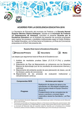  Llevar el presente documento diligenciado a la convocatoria que realice el Secretario (a) de Educación
para el acto de firma.
 El presente acuerdo debe ser firmado por el Rector y el Secretario (a) de Educación, posteriormente debe
ser escaneado y guardado con el código DANE de su colegio. Ambas partes debe de tener copia del mismo.
 La Secretaría de Educación debe de consolidar todos los Acuerdos por la Excelencia de su Entidad
Territorial y deberá enviarlos al MEN en el formato Modelo para envío Acuerdos por la Excelencia.
ACUERDO POR LA EXCELENCIA EDUCATIVA 2016
La Secretaría de Educación del municipio de Fredonia y la Escuela Normal
Superior Mariano Ospina Rodríguez, ubicada en el municipio de Fredonia
del Departamento de Antioquia, suscriben el presente Acuerdo por la
Excelencia Educativa con el propósito de presentar las acciones propuestas
para mejorar los procesos y resultados institucionales según el Índice Sintético
de Calidad Educativa, con la Ruta hacia la Excelencia y la Ruta de Convivencia
propuestas en el Día E del presente año.
Nuestra Ruta hacia la Excelencia Educativa
XPreescolar/Primaria X Secundaria X Media
Las etapas que seguiremos hacia la Ruta de la Excelencia son:
1. Análisis de resultados pruebas Saber (3°,5°,9°,11°,Pro) y pruebas
internas.
2. Elaboración de Plan de Mejoramiento en coherencia con los Derechos
Básicos de Aprendizaje (uso de los resultados de evaluaciones internas y
externas).
3. Mejoramiento del ambiente escolar de aula (planeación de clases, uso de
los tiempos, pactos de convivencia).
4. Mejoramiento de los procesos de evaluación institucional y
retroalimentación continua.
Componentes ISCE Acciones para mejorar
Progreso
Realización de planes de apoyo a los
estudiantes con dificultades académicas,
direccionados desde el Equipo Directivo
(Punto E).
Fortalecimiento de las competencias de
lectura y escritura y proceso lógico
matemático desde los Semilleros y el Plan
lector.
 