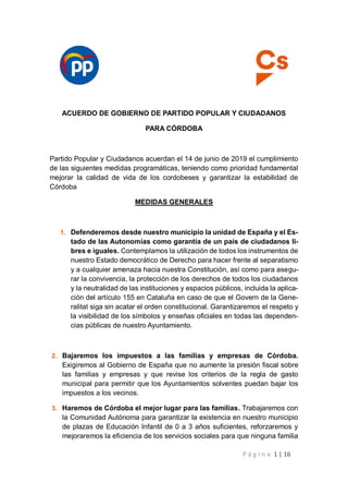 P á g i n a 1 | 16
ACUERDO DE GOBIERNO DE PARTIDO POPULAR Y CIUDADANOS
PARA CÓRDOBA
Partido Popular y Ciudadanos acuerdan ...