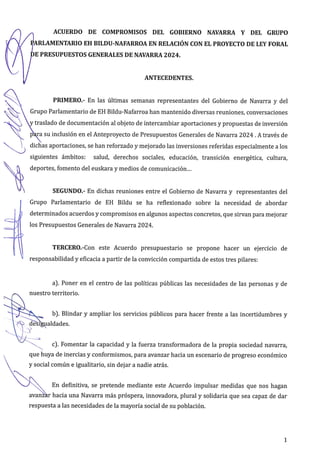 Acuerdo del Gobierno de Navarra y EH Bildu para los Presupuestos 2024