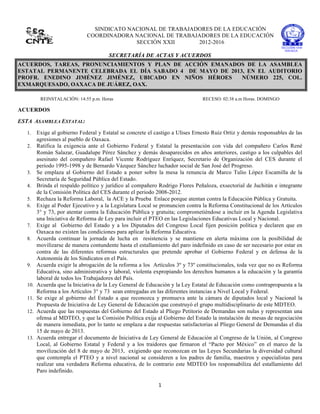  
1	
  
	
  
SINDICATO NACIONAL DE TRABAJADORES DE LA EDUCACIÓN
COORDINADORA NACIONAL DE TRABAJADORES DE LA EDUCACIÓN
SECCIÓN XXII 2012-2016
SECRETARÍA DE ACTAS Y ACUERDOS
ACUERDOS, TAREAS, PRONUNCIAMIENTOS Y PLAN DE ACCIÓN EMANADOS DE LA ASAMBLEA
ESTATAL PERMANENTE CELEBRADA EL DÍA SABADO 4 DE MAYO DE 2013, EN EL AUDITORIO
PROFR. ENEDINO JIMÉNEZ JIMÉNEZ, UBICADO EN NIÑOS HÉROES NÚMERO 225, COL.
EXMARQUESADO, OAXACA DE JUÁREZ, OAX.
REINSTALACIÓN: 14:55 p.m. Horas RECESO: 02:38 a.m Horas. DOMINGO
ACUERDOS
ESTA ASAMBLEA ESTATAL:
1. Exige al gobierno Federal y Estatal se concrete el castigo a Ulises Ernesto Ruiz Ortiz y demás responsables de las
agresiones al pueblo de Oaxaca.
2. Ratifica la exigencia ante el Gobierno Federal y Estatal la presentación con vida del compañero Carlos René
Román Salazar, Guadalupe Pérez Sánchez y demás desaparecidos en años anteriores, castigo a los culpables del
asesinato del compañero Rafael Vicente Rodríguez Enríquez, Secretario de Organización del CES durante el
periodo 1995-1998 y de Bernardo Vázquez Sánchez luchador social de San José del Progreso.
3. Se emplaza al Gobierno del Estado a poner sobre la mesa la renuncia de Marco Tulio López Escamilla de la
Secretaría de Seguridad Pública del Estado.
4. Brinda el respaldo político y jurídico al compañero Rodrigo Flores Peñaloza, exsectorial de Juchitán e integrante
de la Comisión Política del CES durante el periodo 2008-2012.
5. Rechaza la Reforma Laboral, la ACE y la Prueba Enlace porque atentan contra la Educación Pública y Gratuita.
6. Exige al Poder Ejecutivo y a la Legislatura Local se pronuncien contra la Reforma Constitucional de los Artículos
3° y 73, por atentar contra la Educación Pública y gratuita; comprometiéndose a incluir en la Agenda Legislativa
una Iniciativa de Reforma de Ley para incluir el PTEO en las Legislaciones Educativas Local y Nacional.
7. Exige al Gobierno del Estado y a los Diputados del Congreso Local fijen posición política y declaren que en
Oaxaca no existen las condiciones para aplicar la Reforma Educativa.
8. Acuerda continuar la jornada de lucha en resistencia y se mantiene en alerta máxima con la posibilidad de
movilizarse de manera contundente hasta el estallamiento del paro indefinido en caso de ser necesario por estar en
contra de las diferentes reformas estructurales que pretende aprobar el Gobierno Federal y en defensa de la
Autonomía de los Sindicatos en el País.
9. Acuerda exigir la abrogación de la reforma a los Artículos 3º y 73º constitucionales, toda vez que no es Reforma
Educativa, sino administrativa y laboral, violenta expropiando los derechos humanos a la educación y la garantía
laboral de todos los Trabajadores del País.
10. Acuerda que la Iniciativa de la Ley General de Educación y la Ley Estatal de Educación como contrapropuesta a la
Reforma a los Artículos 3° y 73 sean entregadas en las diferentes instancias a Nivel Local y Federal.
11. Se exige al gobierno del Estado a que reconozca y promueva ante la cámara de diputados local y Nacional la
Propuesta de Iniciativa de Ley General de Educación que construyó el grupo multidisciplinario de este MDTEO.
12. Acuerda que las respuestas del Gobierno del Estado al Pliego Petitorio de Demandas son nulas y representan una
ofensa al MDTEO, y que la Comisión Política exija al Gobierno del Estado la instalación de mesas de negociación
de manera inmediata, por lo tanto se emplaza a dar respuestas satisfactorias al Pliego General de Demandas el día
15 de mayo de 2013.
13. Acuerda entregar el documento de Iniciativa de Ley General de Educación al Congreso de la Unión, al Congreso
Local, al Gobierno Estatal y Federal y a los traidores que firmaron el “Pacto por México” en el marco de la
movilización del 8 de mayo de 2013, exigiendo que reconozcan en las Leyes Secundarias la diversidad cultural
que contempla el PTEO y a nivel nacional se consideren a los padres de familia, maestros y especialistas para
realizar una verdadera Reforma educativa, de lo contrario este MDTEO los responsabiliza del estallamiento del
Paro indefinido.
 