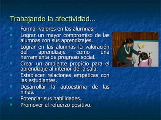 Trabajando la afectividad… Formar valores en las alumnas. Lograr un mayor compromiso de las alumnas con sus aprendizajes. Lograr en las alumnas la valoración del aprendizaje como una herramienta de progreso social. Crear un ambiente propicio para el aprendizaje al interior de la sala. Establecer relaciones empáticas con las estudiantes. Desarrollar la autoestima de las niñas. Potenciar sus habilidades. Promover el refuerzo positivo. 