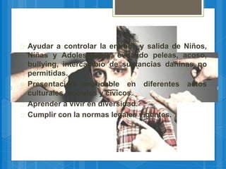  Ayudar a controlar la entrada y salida de Niños,
Niñas y Adolescentes, evitando peleas, acoso,
bullying, intercambio de sustancias dañinas no
permitidas.
 Presentación impecable en diferentes actos
culturales, sociales y cívicos.
 Aprender a vivir en diversidad.
 Cumplir con la normas legales vigentes.
 